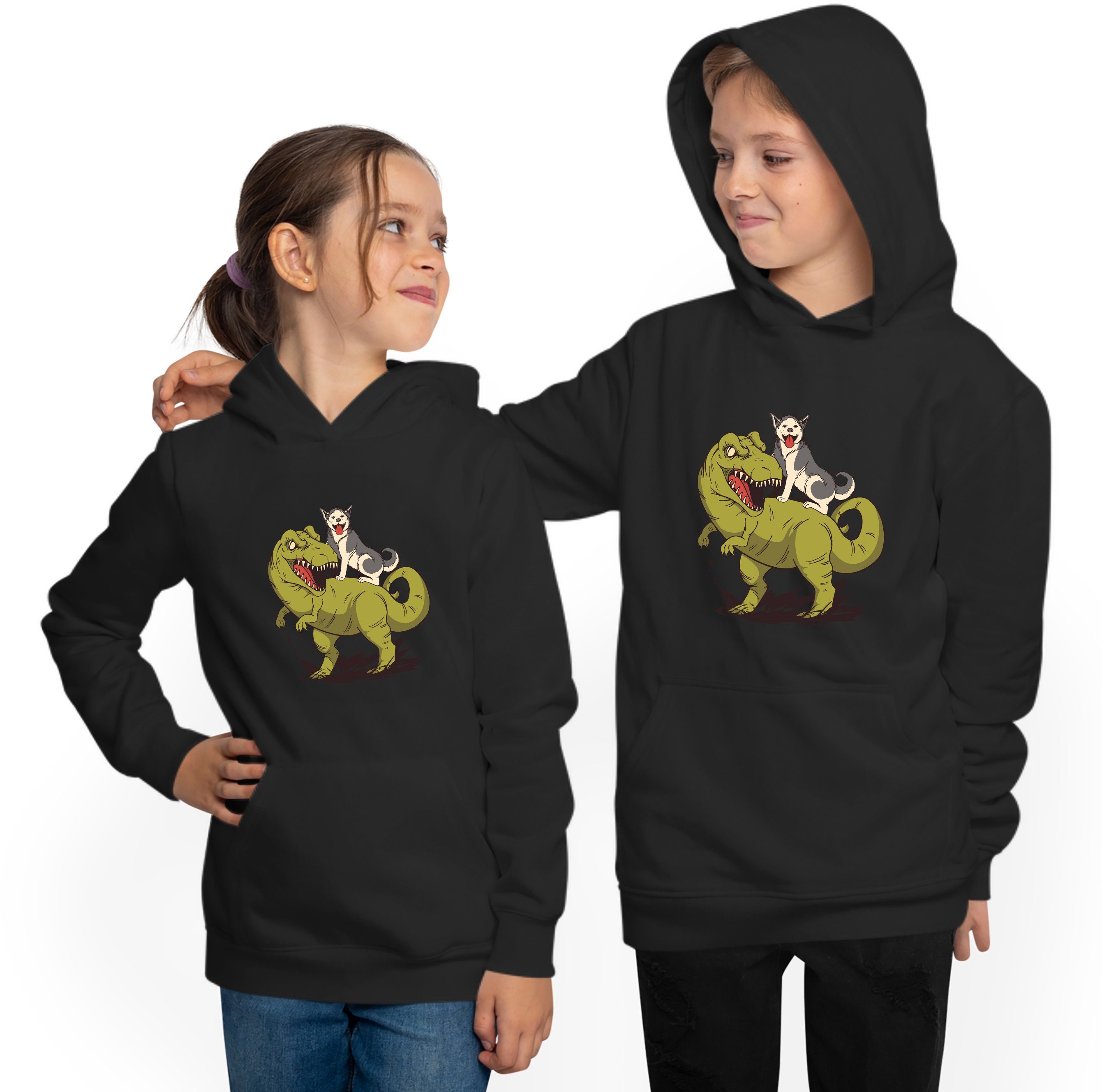 MyDesign24 Hoodie Kinder Kapuzensweater auf Aufdruck, Sweatshirt Hund mit Kapuzen T-Rex - i94