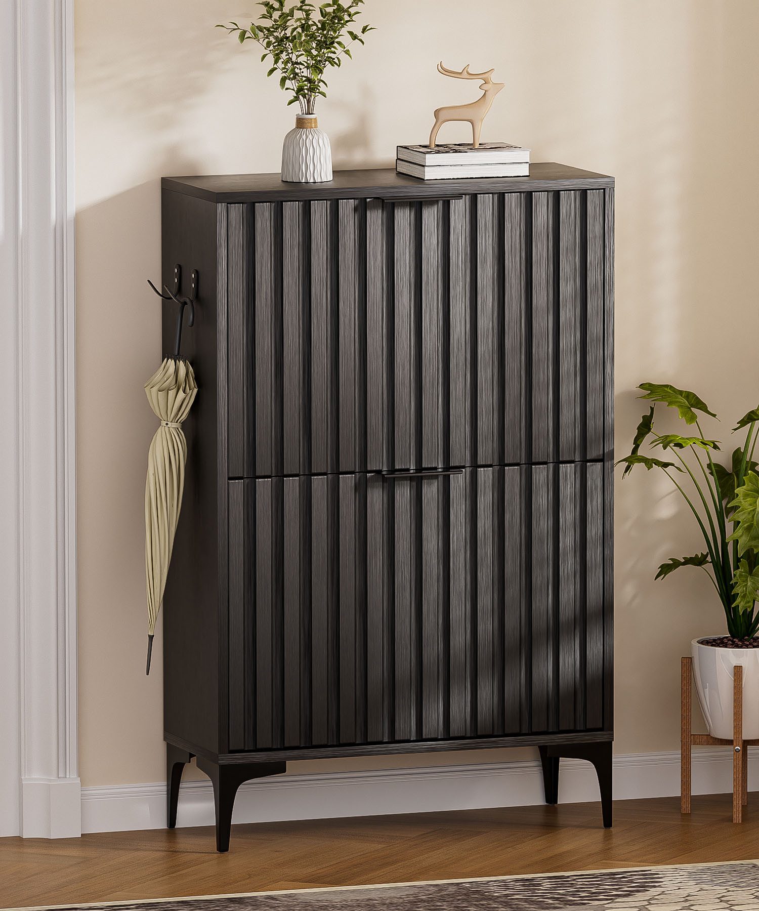 Yorbay Schuhschrank Schuhkipper mit 2 Klappen (60x23.5x94 cm) verstellbare Trennwände, mit Seitenhaken & Kippschutz