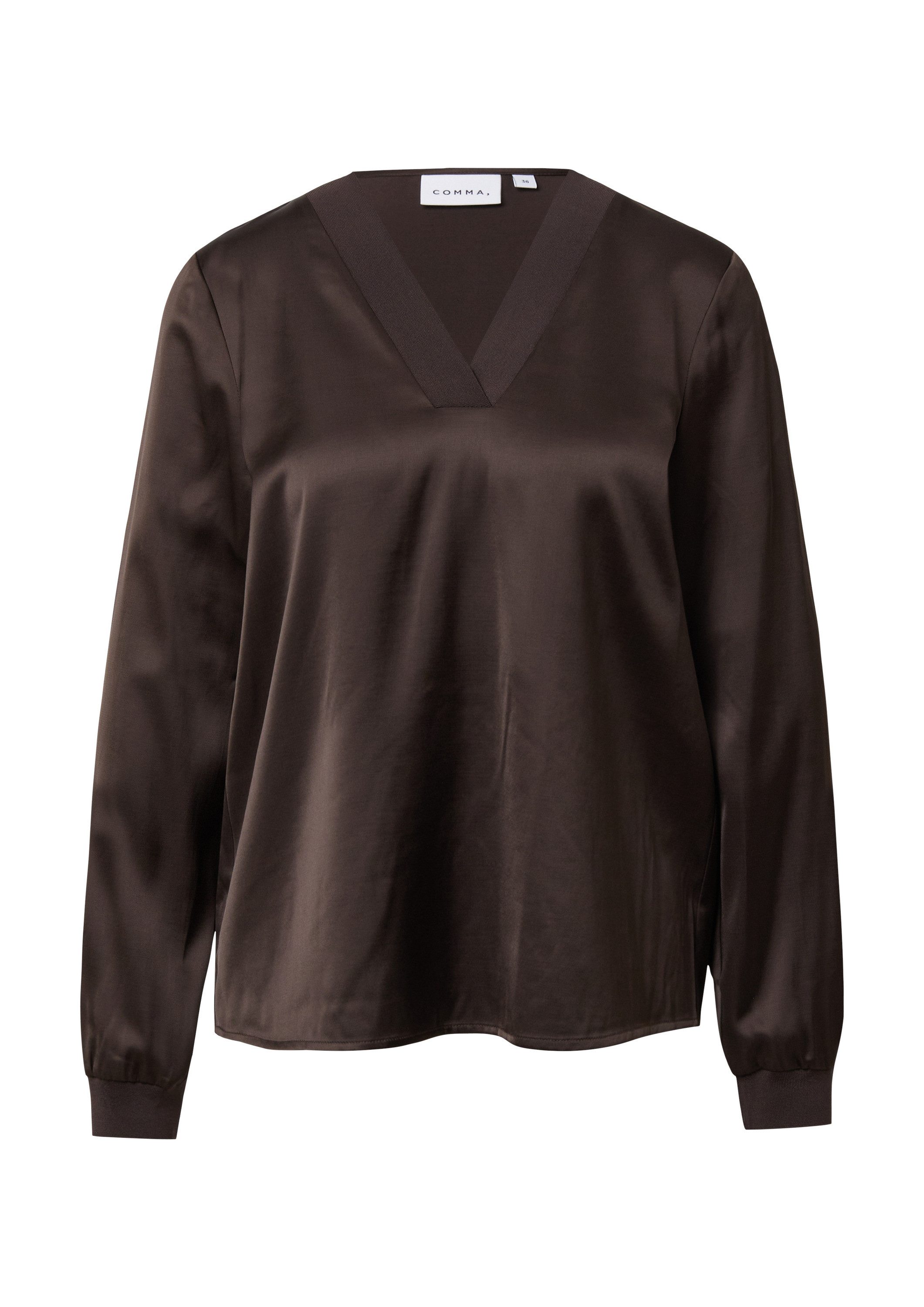 comma Langarmbluse Bluse Satinbluse mit V-Ausschnitt und feinen Rippdetails