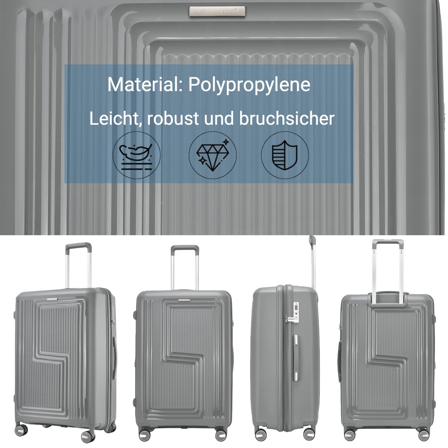 Super Solu Hartschalen-Trolley Koffer Reisekoffer PP-Polypropylen, Erweiterbarer Hartschalenkoffer, 4 Rollen, 20 Zoll Handgepäck, Grau, leicht & robust, TSA-Zah – Bild 3 von 5