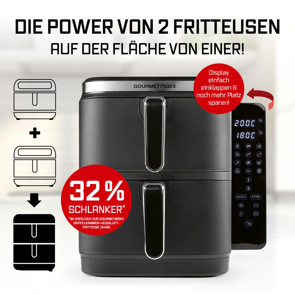 GOURMETmaxx Heißluftfritteuse FryUp Vertikaler Doppelkammer Airfryer 2x 5l, 2800 W, klappbares Touchdisplay, Fassungsvermögen 10 L,  inkl. Grillrost