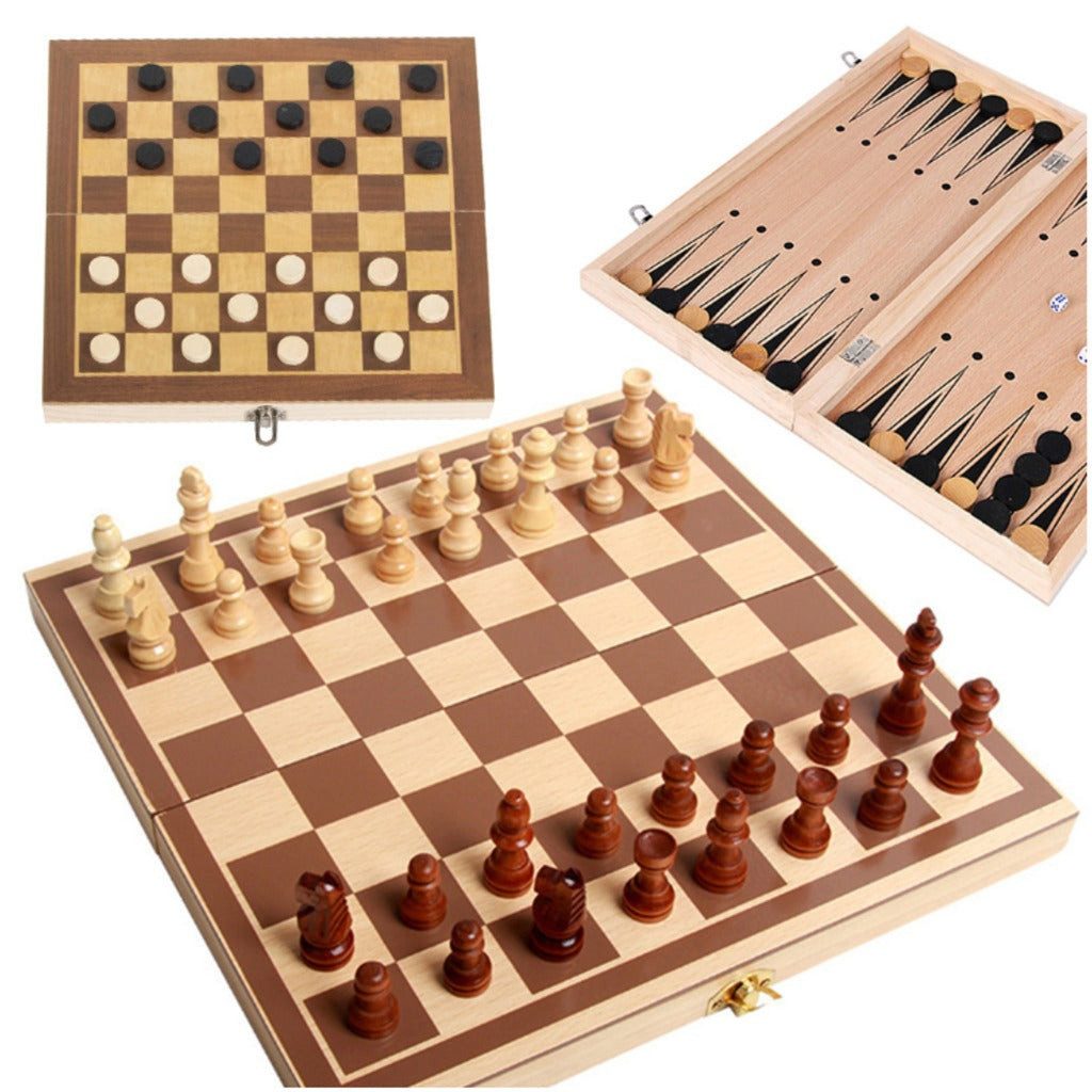 Da Meso Spielesammlung Schach Dame Backgammon aus Holz 3-in-1 Brettspiel für Kinder &