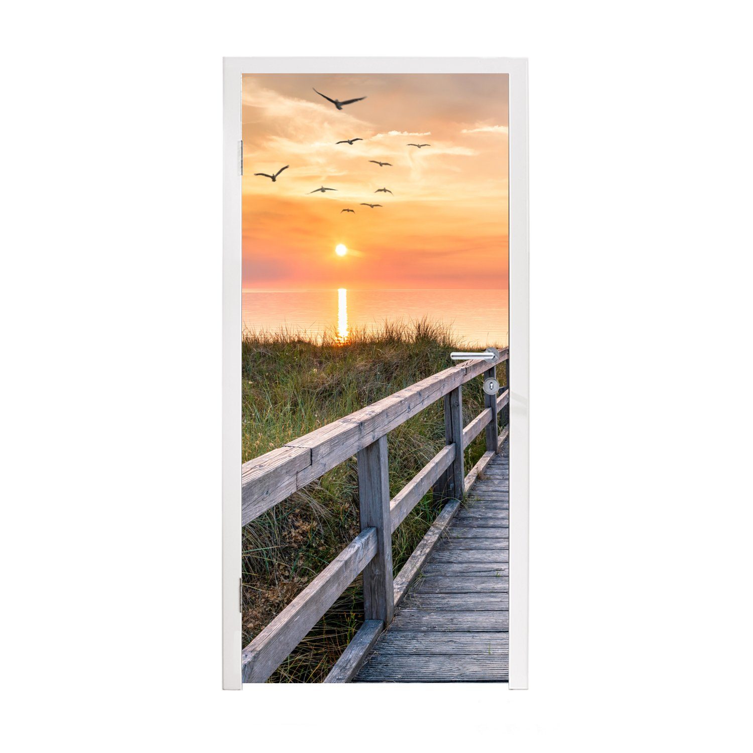 MuchoWow Türtapete Sonnenuntergang - Meer - Weg - Gras - Düne - Vögel, Matt, bedruckt, (1 St), Selbstklebende Tapete, Folie für Möbel, 75x205 cm