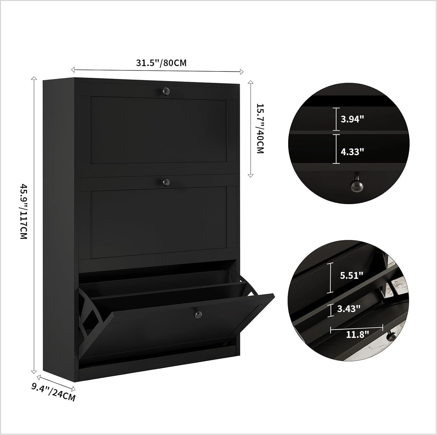 VOWNER Schuhschrank 3 Klappen, Schuhregal, 80 x 24 x 117 cm Schwarz günstig online kaufen