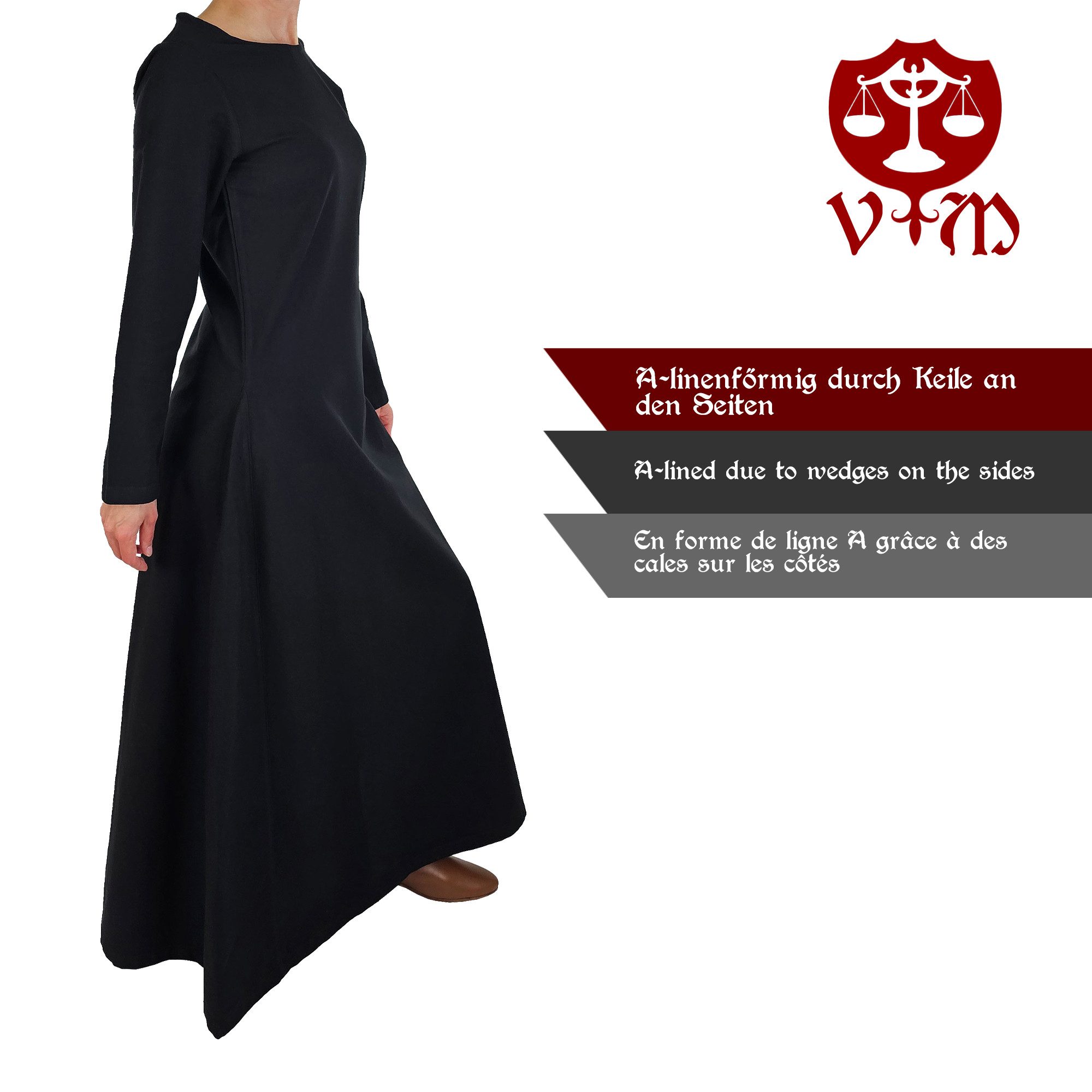 Vehi Mercatus Burgfräulein-Kostüm Klassisches Mittelalter Kleid oder Unterkleid schwarz "Amalie"