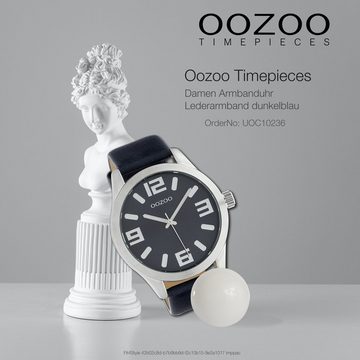 OOZOO Quarzuhr Oozoo Damen Armbanduhr dunkelblau, (Analoguhr), Damen, Herrenuhr rund, extra groß (ca 46mm) Lederarmband, Casual-Style