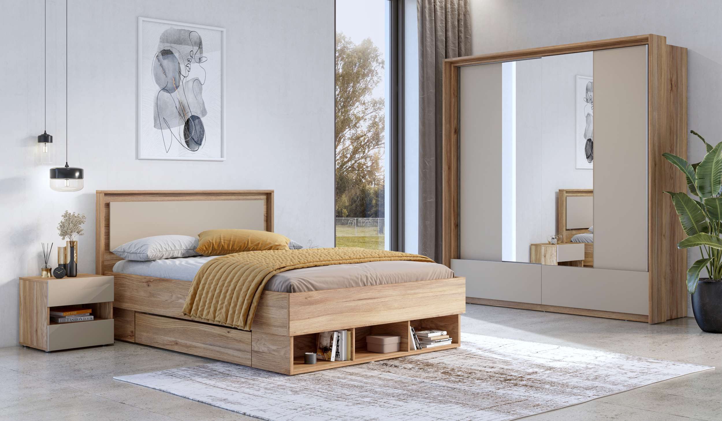 99rooms Schlafzimmer-Set Pressi, (Set (5-St), Komplett Schlafzimmer), mit viel Stauraum, mit Schubladen und Lattenrost, ohne Matratze