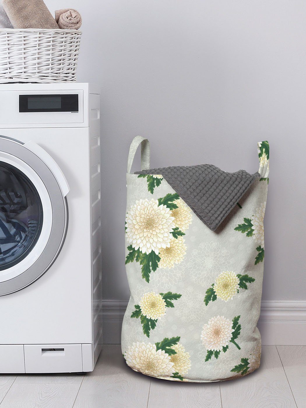 Tone Jahrgang Wäschesäckchen Gedämpfte für Waschsalons, Kordelzugverschluss Wäschekorb Chrysanthemen Abakuhaus mit Griffen