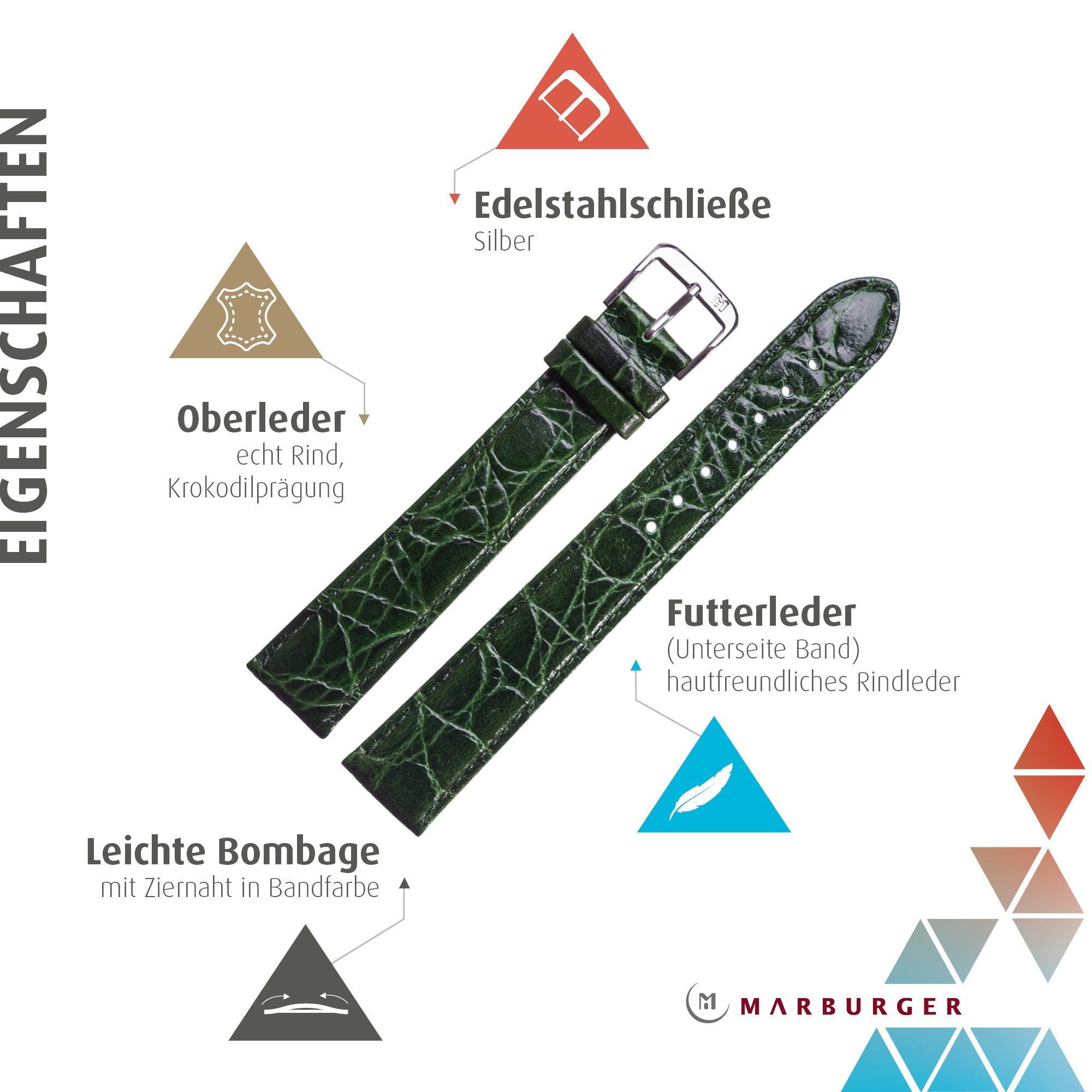 MARBURGER Uhrenarmband 22mm Leder XL Extra Lang Kroko Prägung
