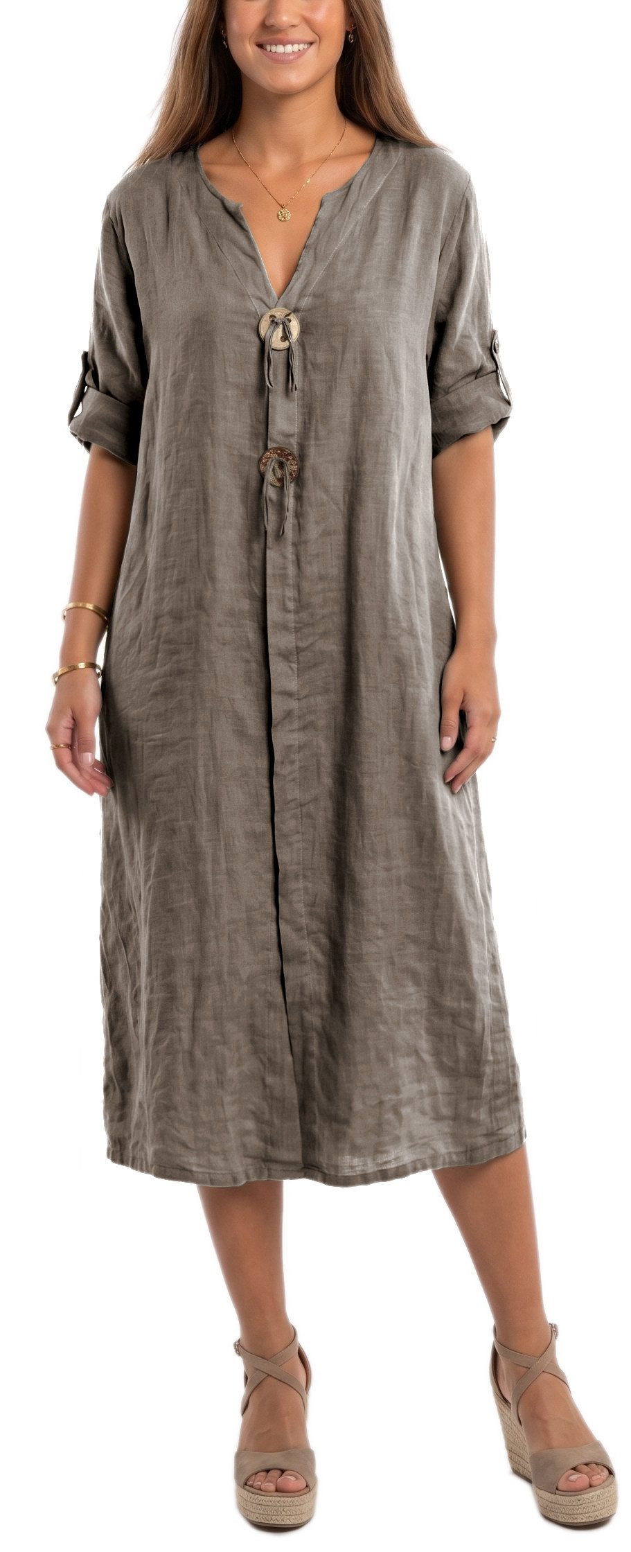 dy_mode Hemdblusenkleid Damen Leinenkleid Midi Hemdblusenkleid mit V-Ausschnitt Freizeitkleid in Unifarbe, V-Ausschnitt, mit seitlichen Eingriffstaschen