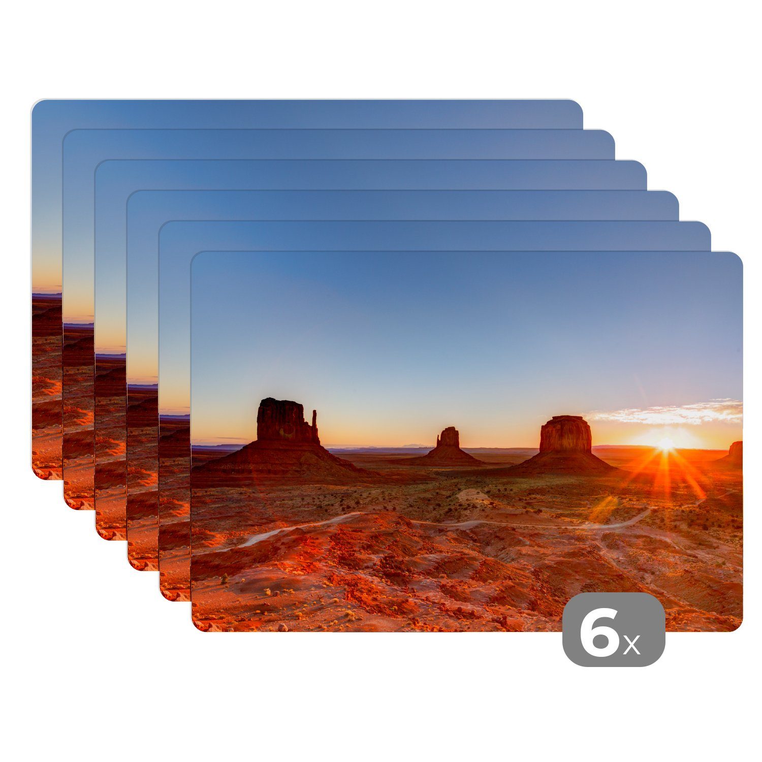 Platzset, Sonnenaufgang im Monument Valley in Amerika, MuchoWow, (6-St), Platzset, Platzdecken, Platzmatte, Tischmatten, Schmutzabweisend