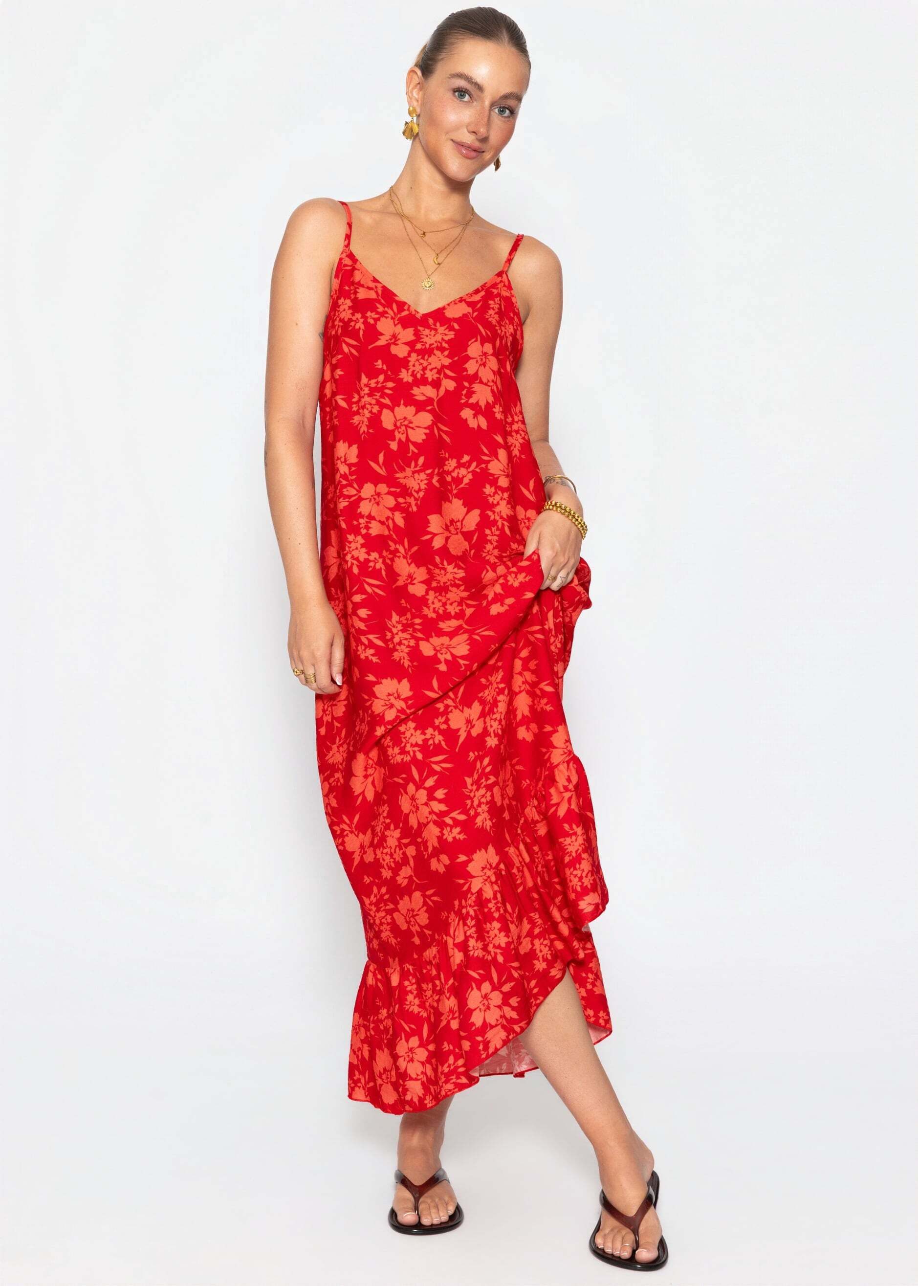 SASSYCLASSY Maxikleid Maxikleid mit Blumenmuster für Damen Luftiges Trägerkleid mit Volantabschluss und V-Ausschnitt