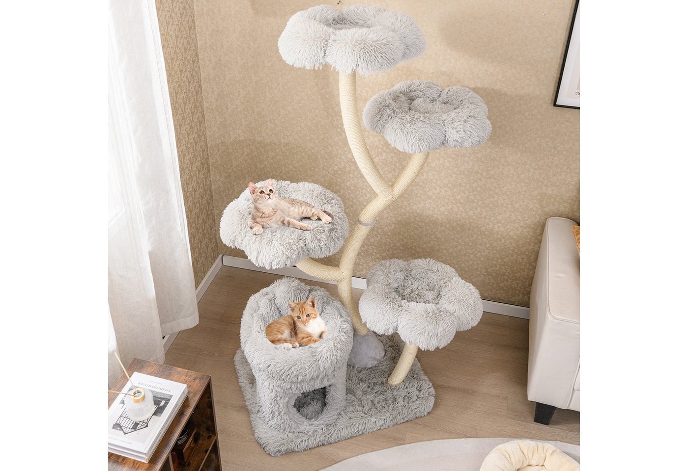 Thumbnail - KOMFOTTEU Kratzbaum, mit 4 blumenförmigen Plattformen, 1 Höhle & 1 Katzenbett