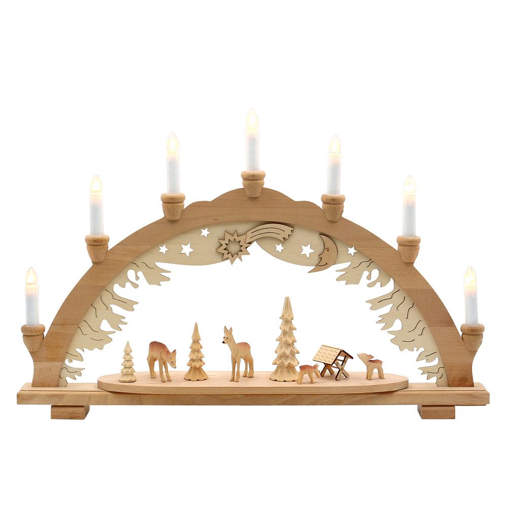 Dekohelden24 Schwibbogen 7 Flammiger Holz Schwibbogen Motiv: Rehe im Wald mit geschnitzten