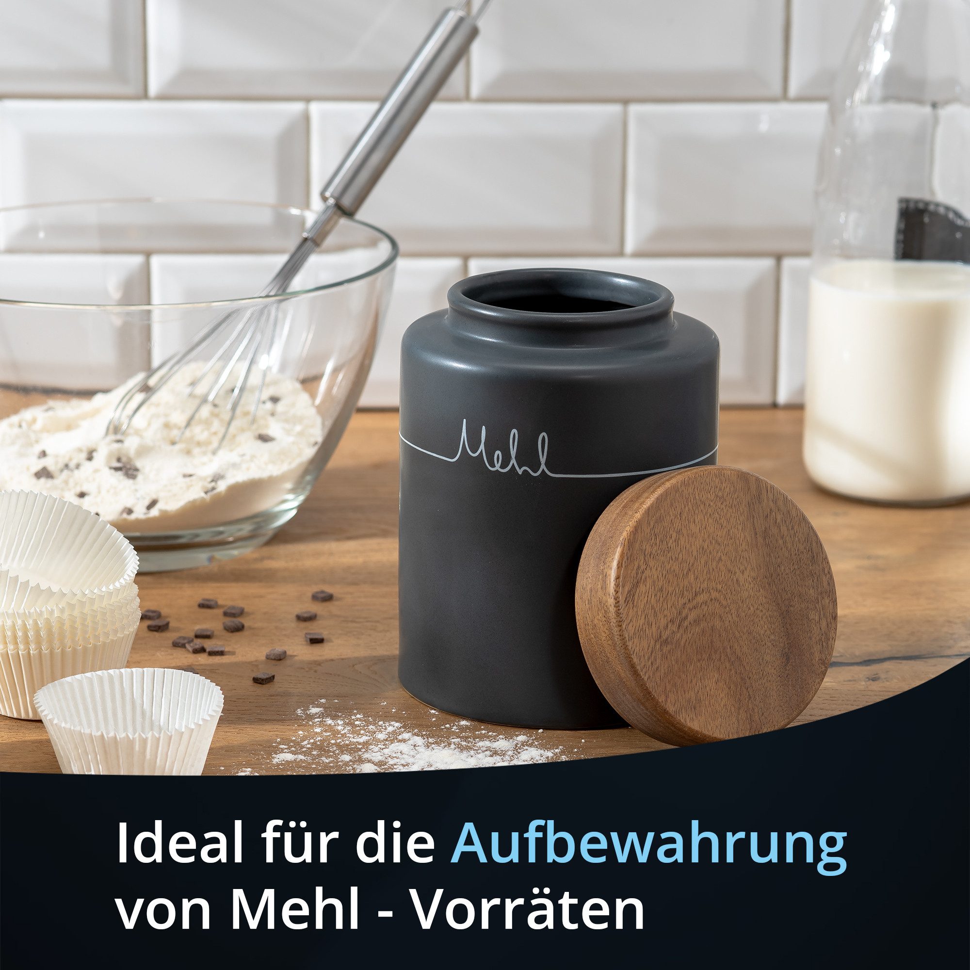 KHG Vorratsdose Mehl aus Steinzeug mit luftdichtem Akazienholz‑Deckel grau, Steingut, Luftdichte Aufbewahrungsdose für Mehl – schützt vor Feuchtigkeit