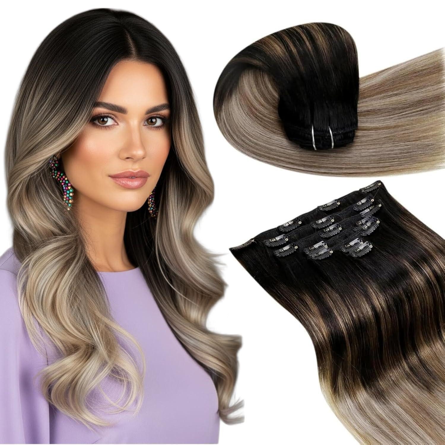 Echthaar-Extension Clip Extensions Echthaar Remy Balayage Ombre 60cm-7PCS 4.6#1b 8 22