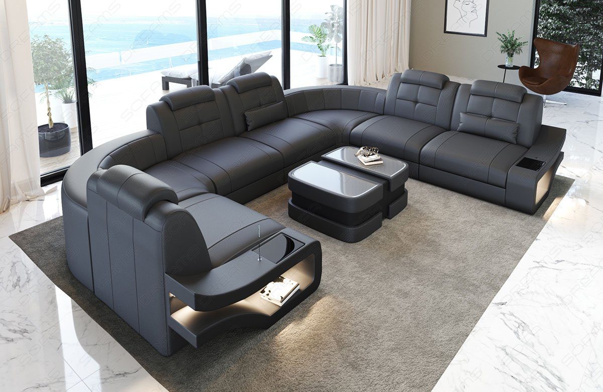 Sofa Dreams Wohnlandschaft Leder Couch Sofa Elena U Form Ledersofa, U-Form Ledersofa mit LED-Beleuchtung | Wohnlandschaften
