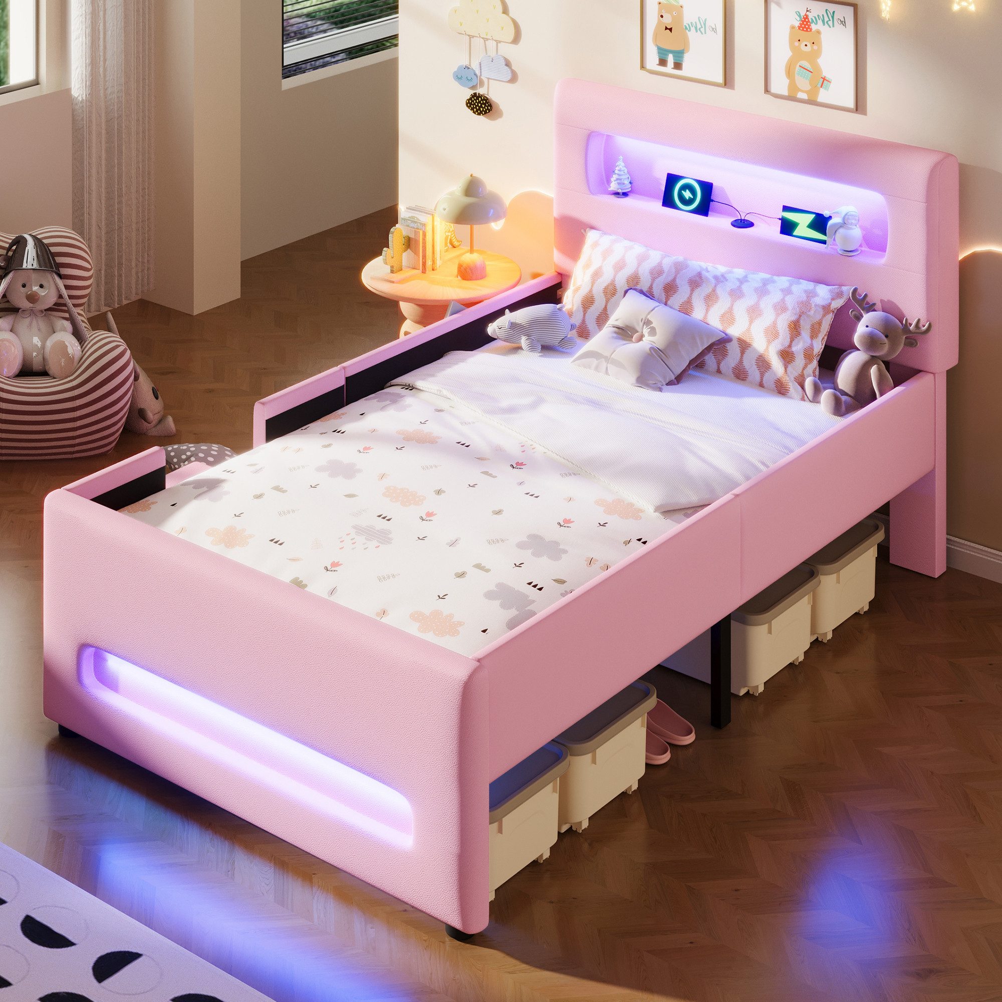 Merax Polsterbett 90x200cm Plattformbett mit LED-Lichtleisten (Jugendbett Einzelbett, 1-tlg), Kinderbett mit Treppe, Schublade, Stauraum & Taschen, Kunstleder – Bild 4 von 5