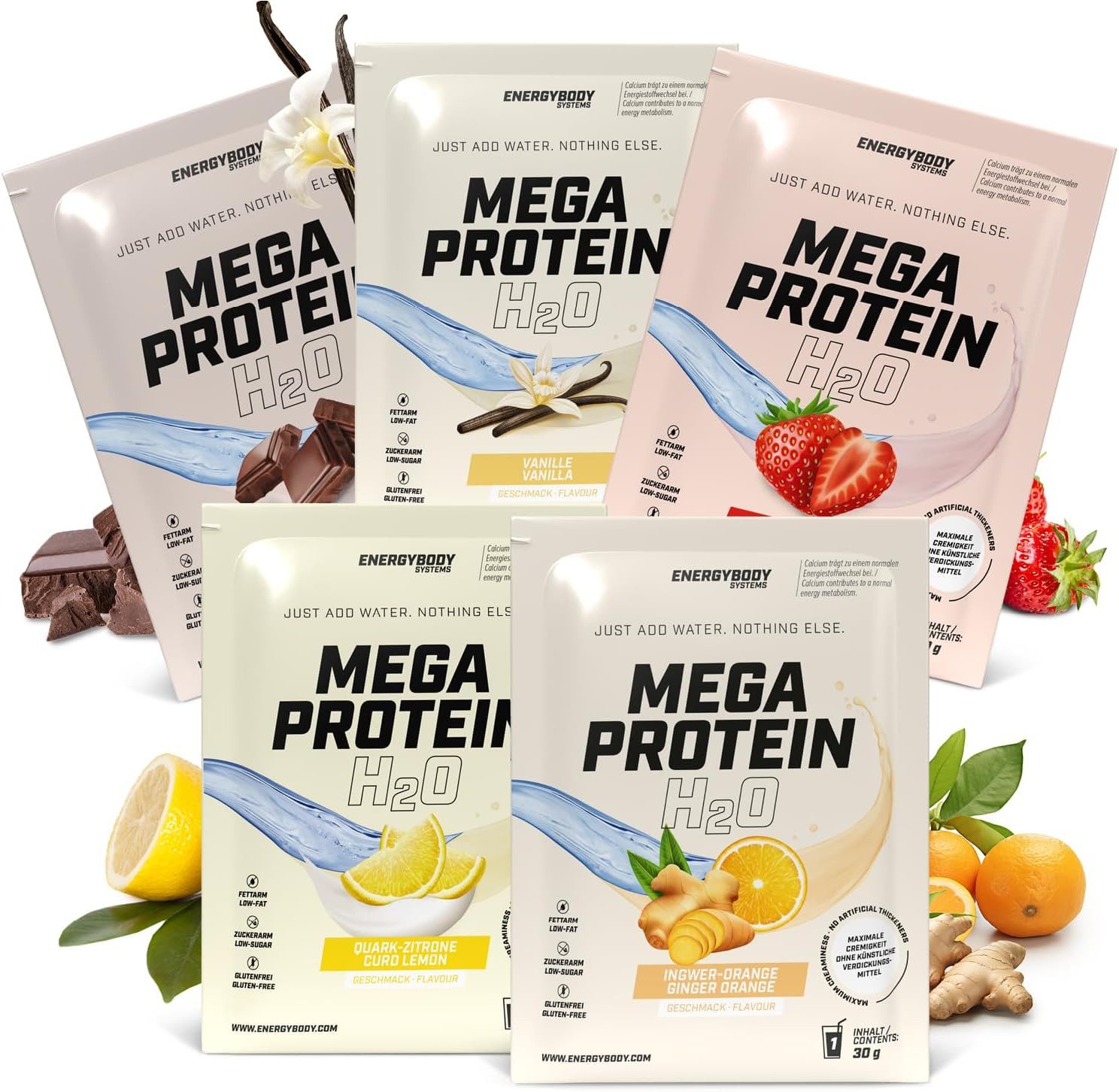 Energybody Systems Mega Protein H2O, für Wasser optimiertes Eiweiss Pulver, 5 er, Portionsbeutel à 30g, fettarm, zuckerarm, glutenfrei
