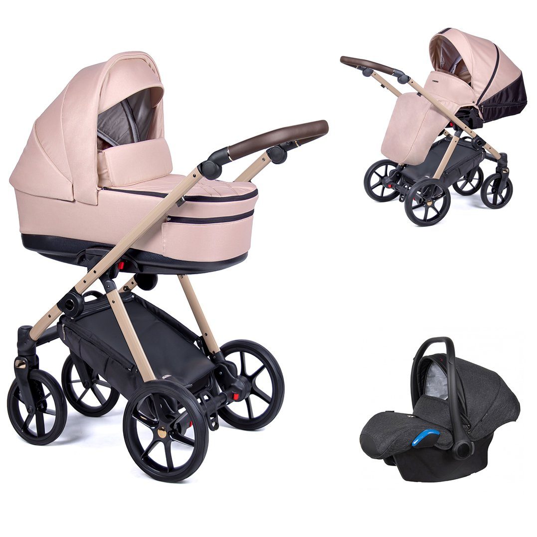 babies-on-wheels Kombi-Kinderwagen 3 in 1 Kinderwagen-Set Axxis - 15 Teile - in 24 Designs Creme = Gestell beige