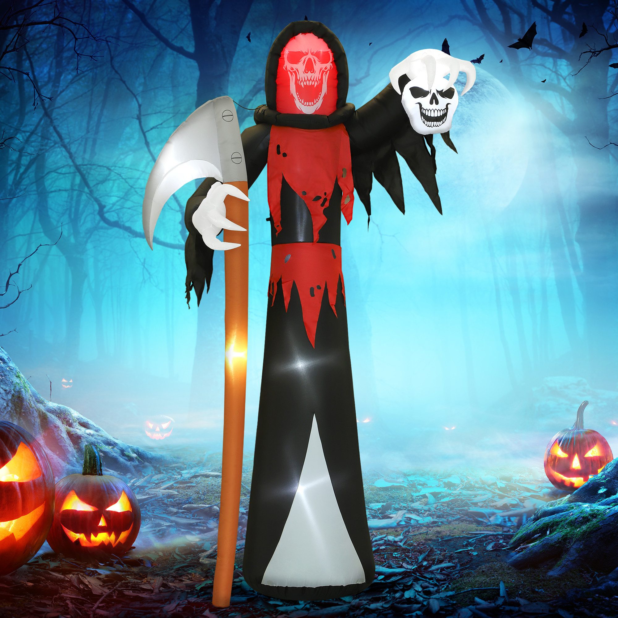 Outsunny LED-Dekofigur Halloween-Dekoration 3,7 m riesiger Sensenmann selbstaufblasend (Aufblasbarer Halloween-Sichelgeist, 1 St., Halloween-Todessichel), für drinnen und draußen geeignet, Schwarz