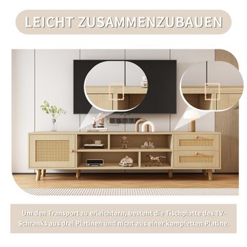 MODFU TV-Schrank Lowboard Unterschrank (2 Schubladen, 1 Tür,für 70-Zoll-Fernseher) Premium 160 cm Holzfarbenes Rattan-TV-Ständer