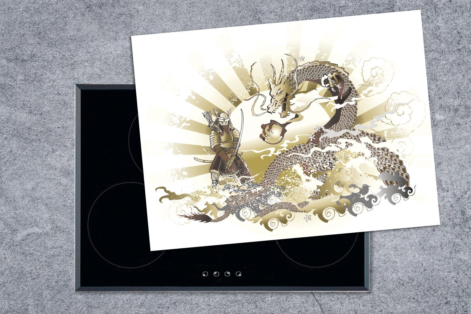 tlg), (1 Arbeitsfläche und Mobile cm, Vinyl, Illustration 70x52 Herdblende-/Abdeckplatte Samurai nutzbar, Ceranfeldabdeckung Drachens, eines eines MuchoWow