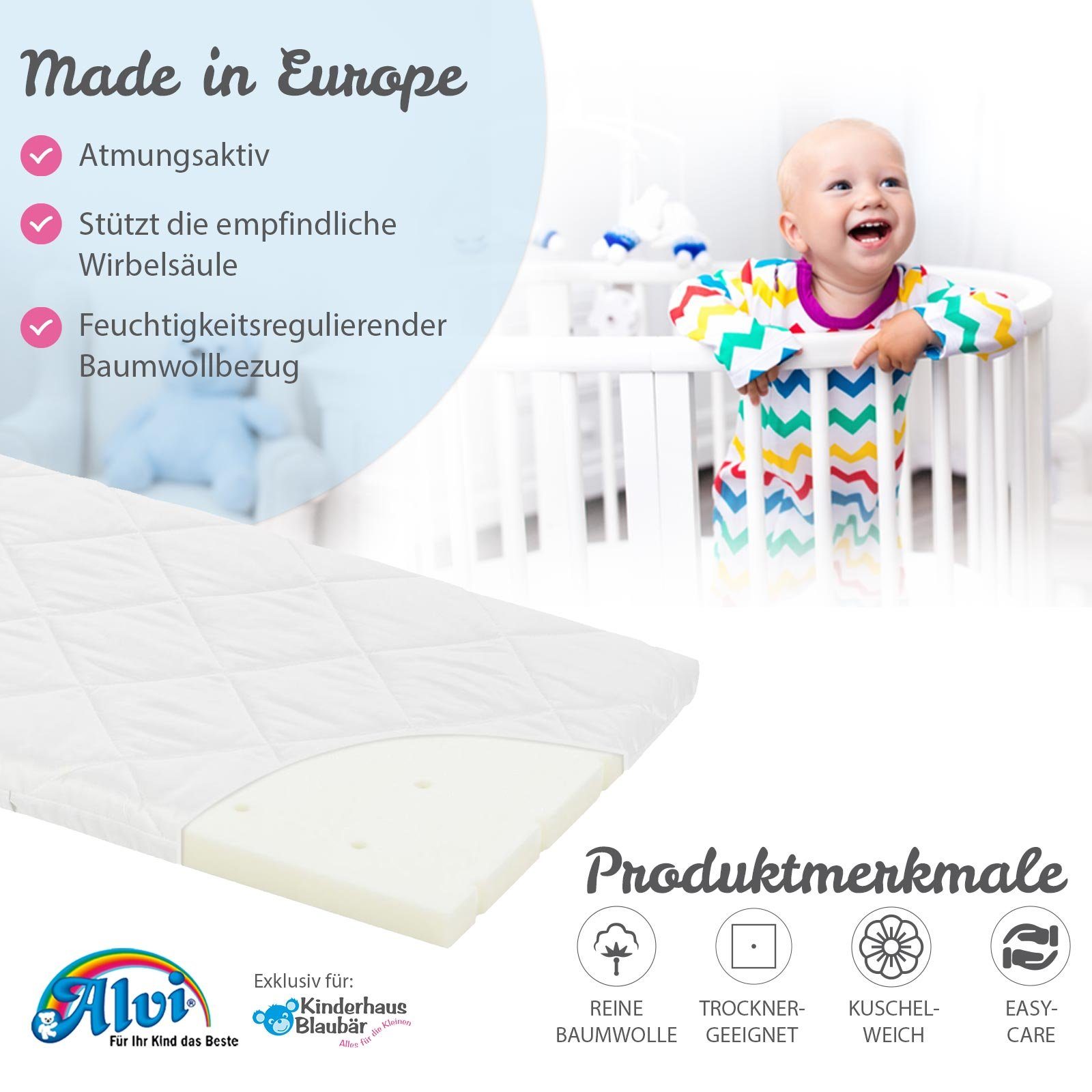 Möbel Babymöbel Kindermatratze Alvi Matratze Exclusiv für Wiegen Komfortschaum, Alvi®, für Wiege und Stubenwagen, Material Bezug
