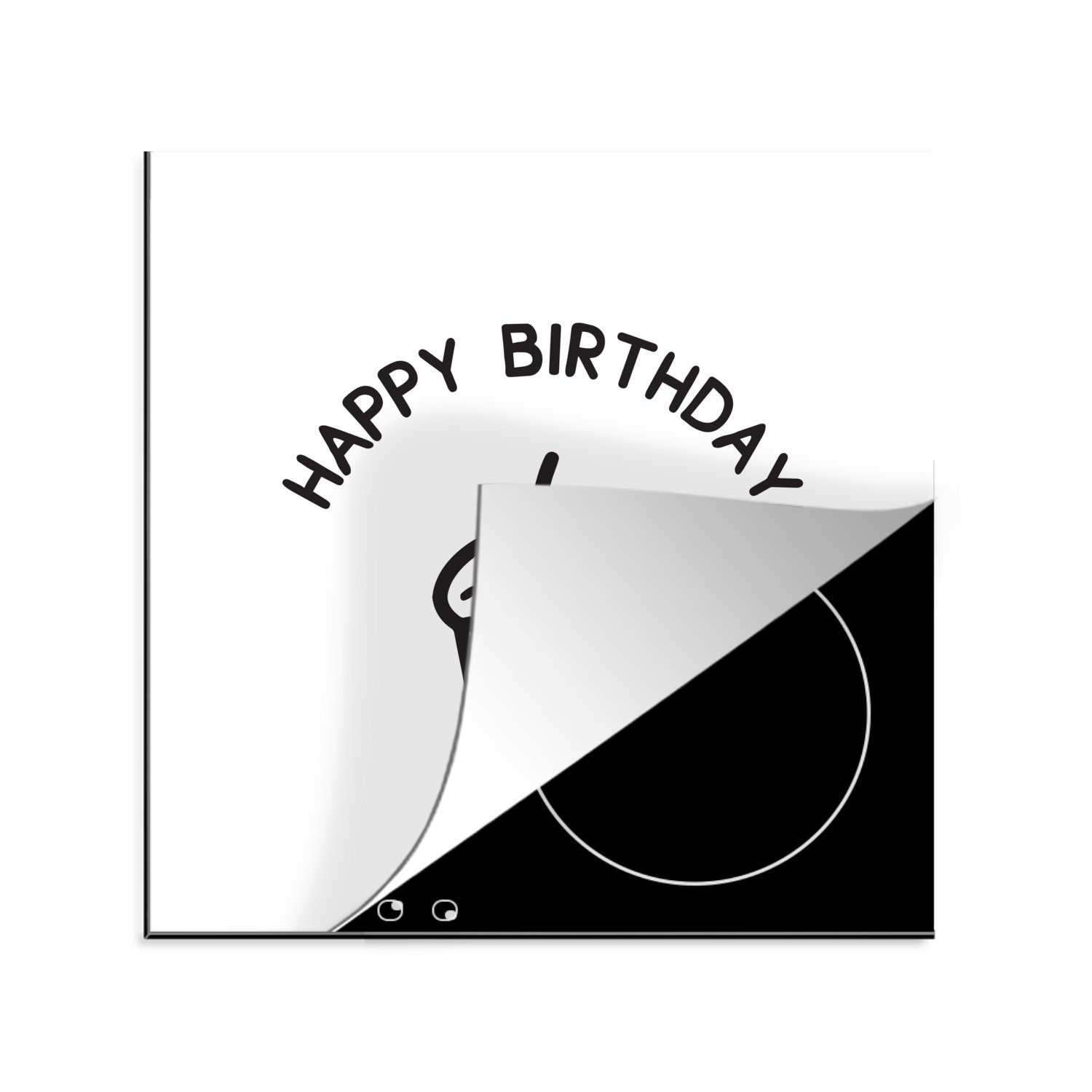 weißem MuchoWow Herdblende-/Abdeckplatte Vinyl, Ceranfeldabdeckung, "Happy küche auf einem Arbeitsplatte Zitat Hintergrund, tlg), (1 78x78 Cupcake cm, mit für Birthday"