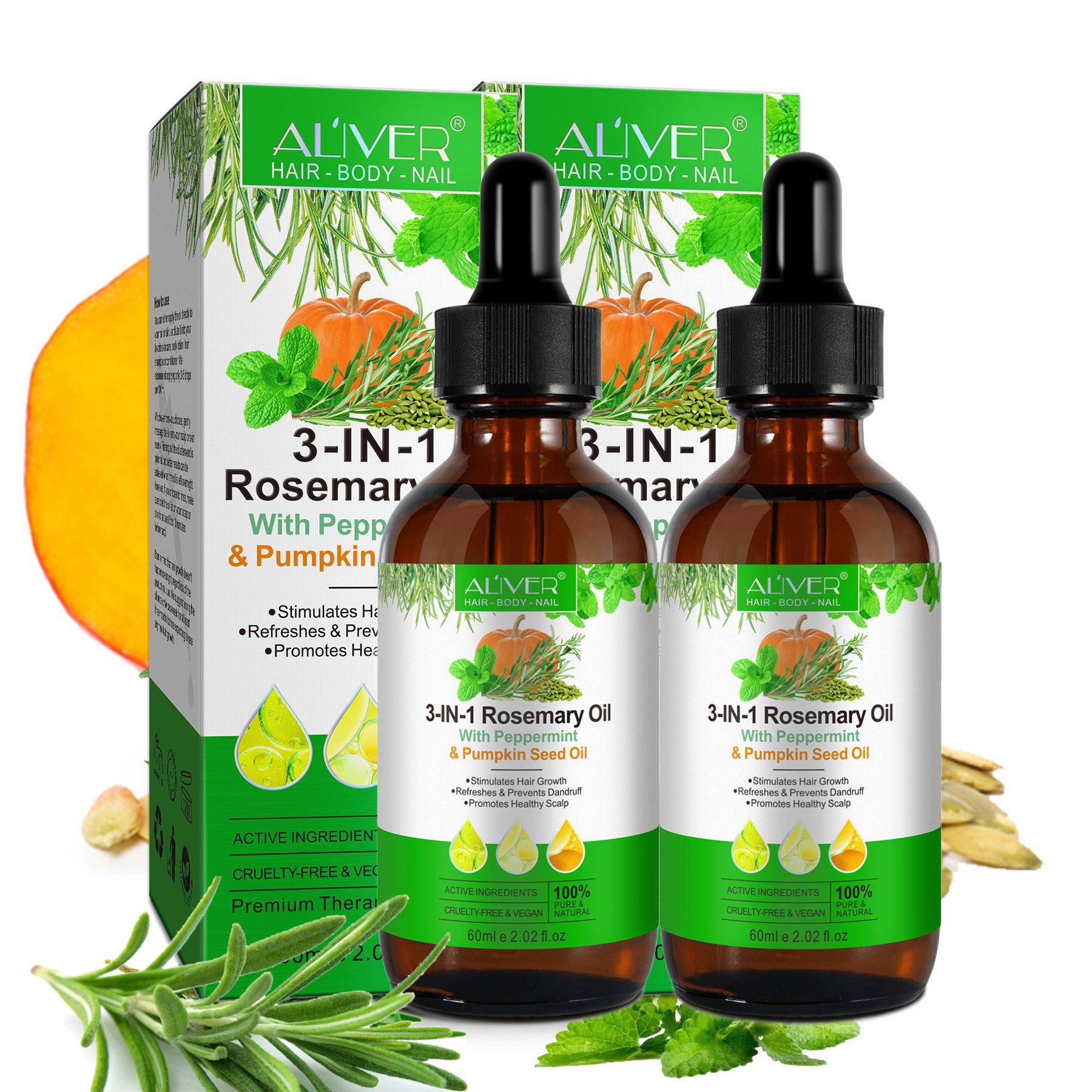 ALIVER Haaröl 3-in-1 Rosmarinöl Ätherisches Pfefferminzöl Kürbiskernöl, 2-tlg., 3-in-1-Rosmarinöl mit Pfefferminzöl und Kürbiskernöl 60 ml