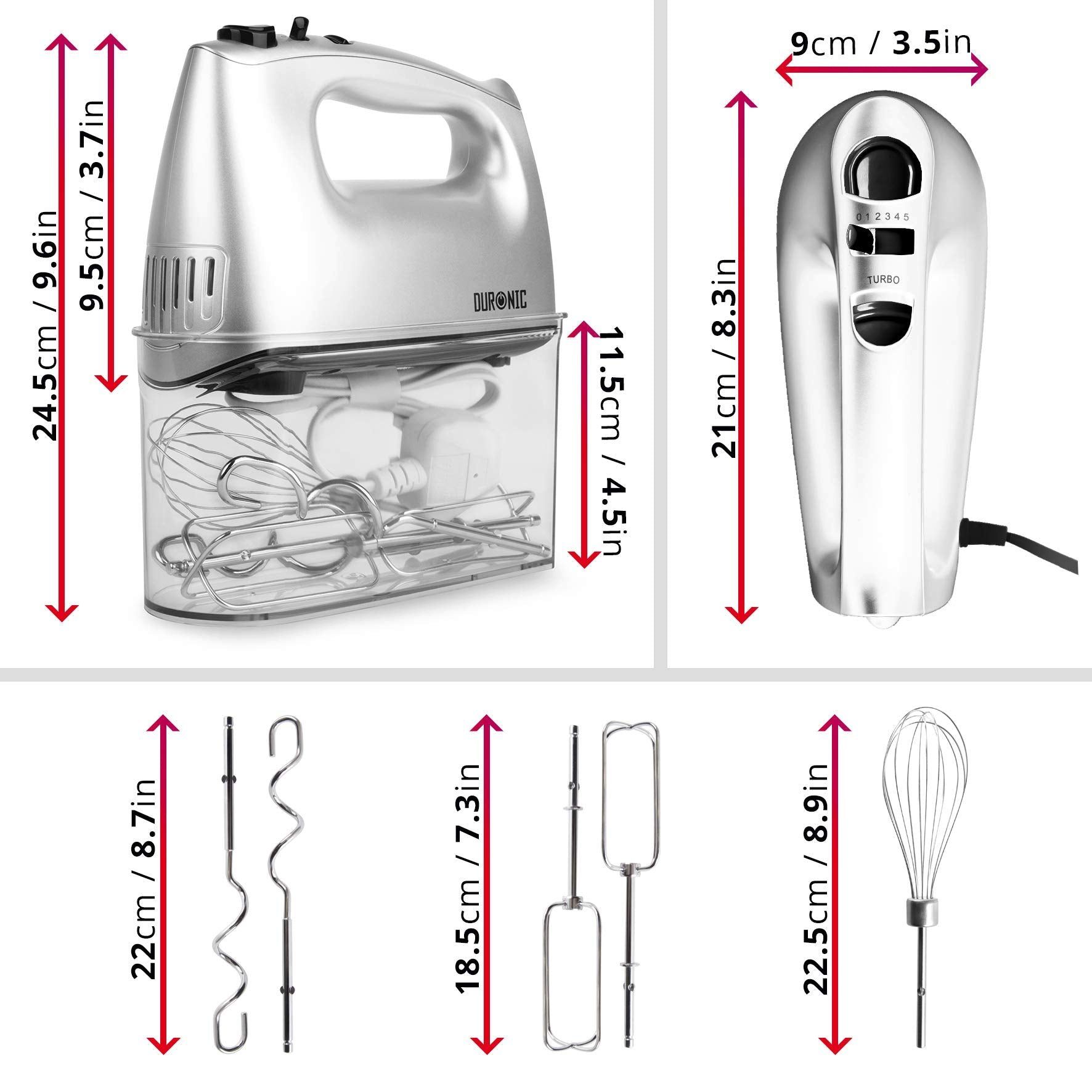 Duronic Handmixer, HM4 SR elektrischer Handmixer, 400 Watt, Aufbewahrungsbox