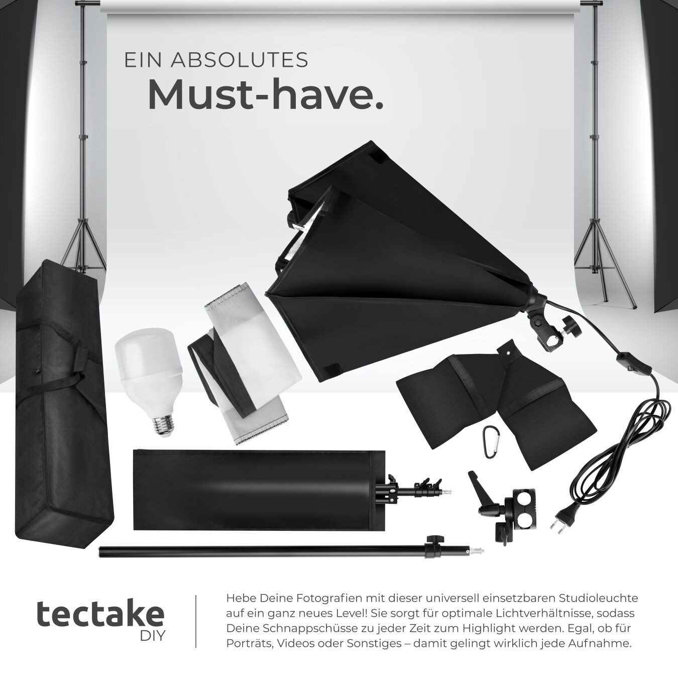 tectake Aluminium Studioleuchte Studio-Stativ-Blitz, (mit Softbox und ausziehbarem Galgenstativ)