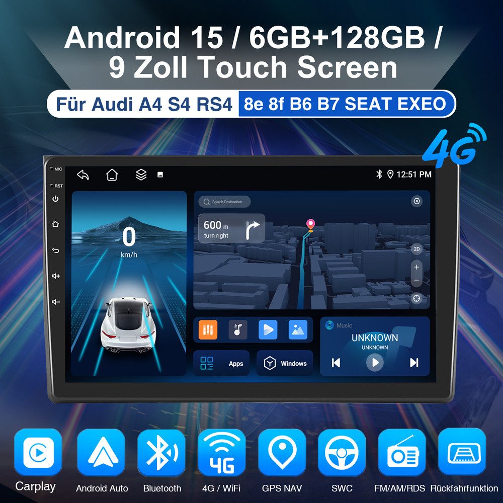 ESSGOO Für Audi A4 00-08 S4 8E 8H B6 B7 6+128GB 8-Kern 4G LTE Autoradio (RDS, Digitalradio (DAB), FM, AM, Carplay Android Auto GPS Navi WIFI BT 4G LTE)