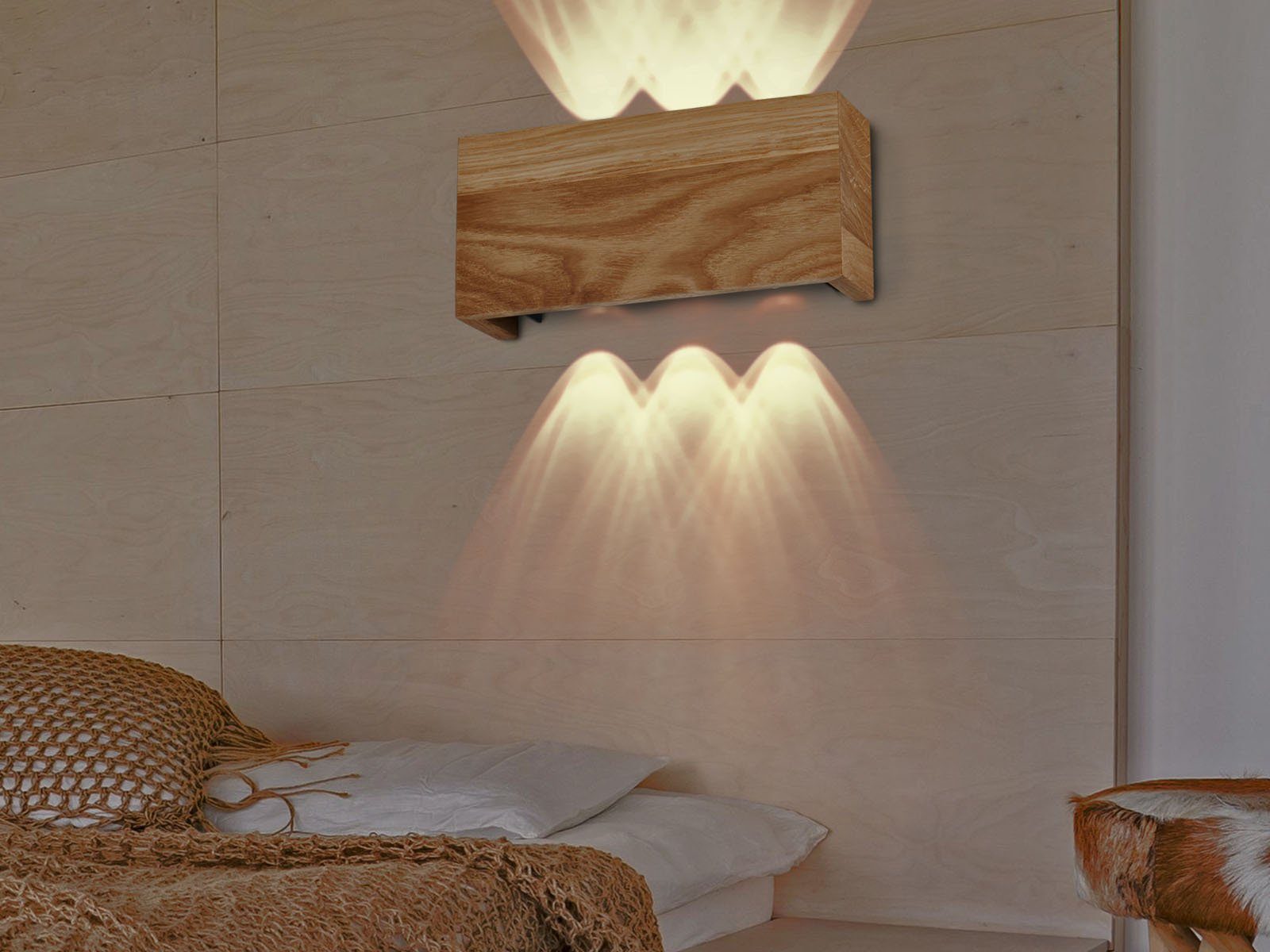 indirekte LED Warmweiß, Wandleuchte, 2er innen Wand-Beleuchtung 21cm meineWunschleuchte Holz-Lampen LED flach, SET fest integriert, breit
