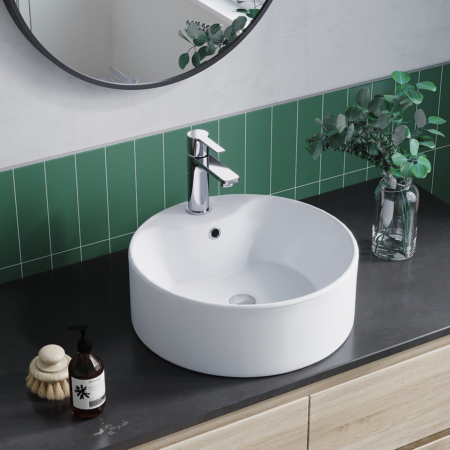 AQUALAVOS Aufsatzwaschbecken Keramik Waschbecken Rund Ø41cm Mit Hahnloch Überlauf für Bad Gäste-WC, Montage auf stabilen Platten, Waschtischen oder Unterschränken