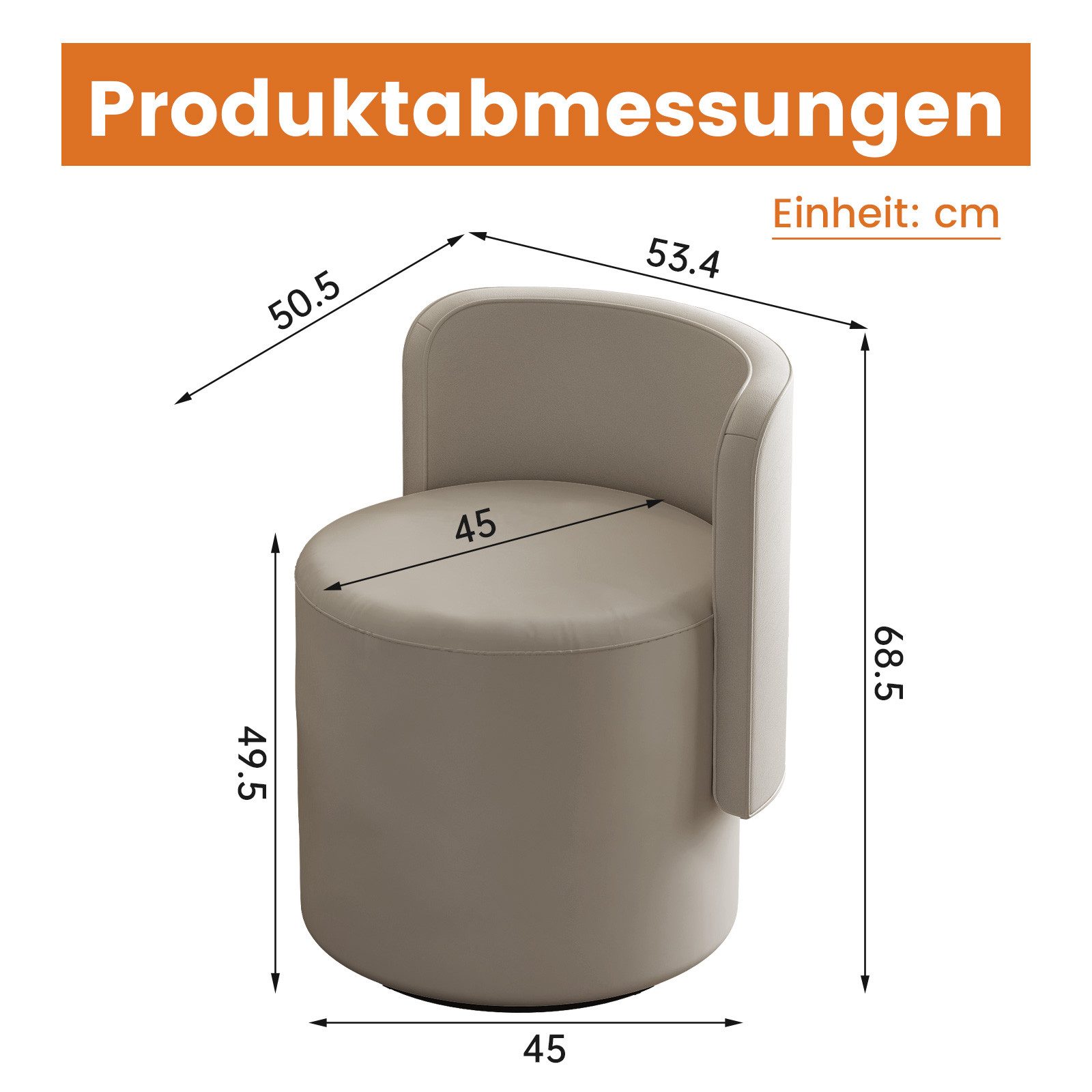 Guyii Polsterhocker drehbarer Schminkhocker mit Rückenlehne, 53,4 x 50,5 x 68,5 cm (1 St), runder Hocker aus PU-Kunstleder – Bild 2 von 5