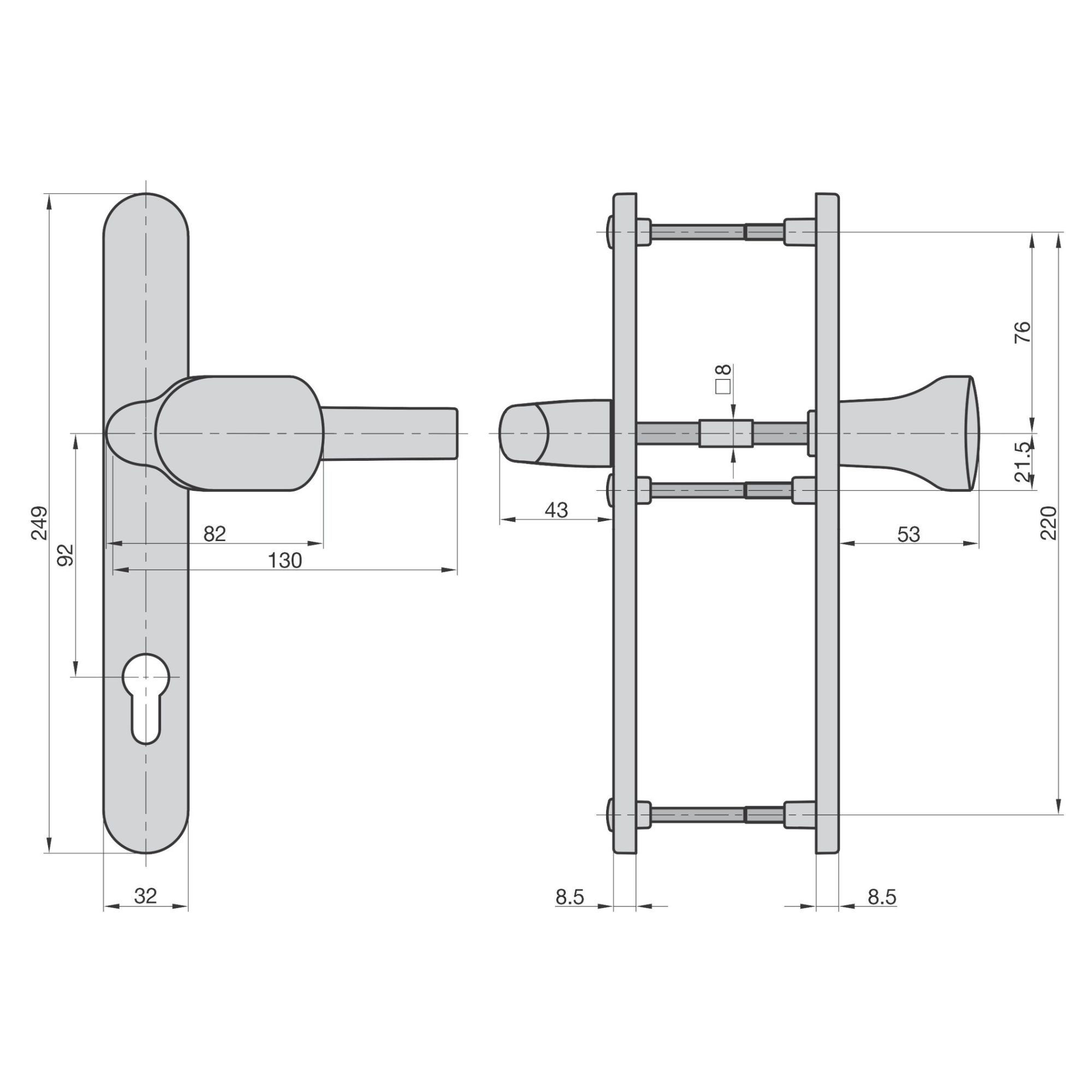 BASI Türbeschlag Wechsel-Garnitur (Packung), Schmalrahmenbeschlag PZ 92/8 mm, Langschild Alu Weiß, Türen 45-82 mm