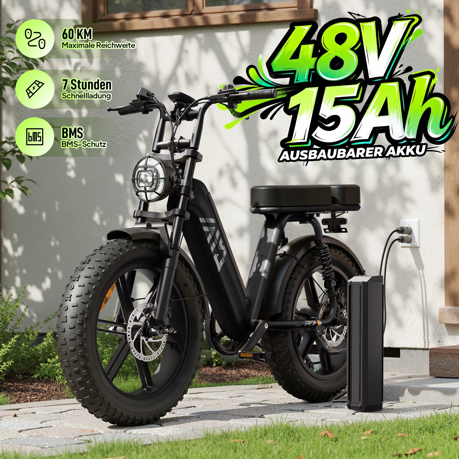 SISIGAD E-Bike Mountainbike 20'' Fat Tire E-Bike 48V 15AH,250W, Herausnehmbarer Akku, APP, R7, Shimano, Heckmotor, 720 Wh, 7-Gang Schaltung,100 km Reichweite(PAS) für Alltag und Freizeit
