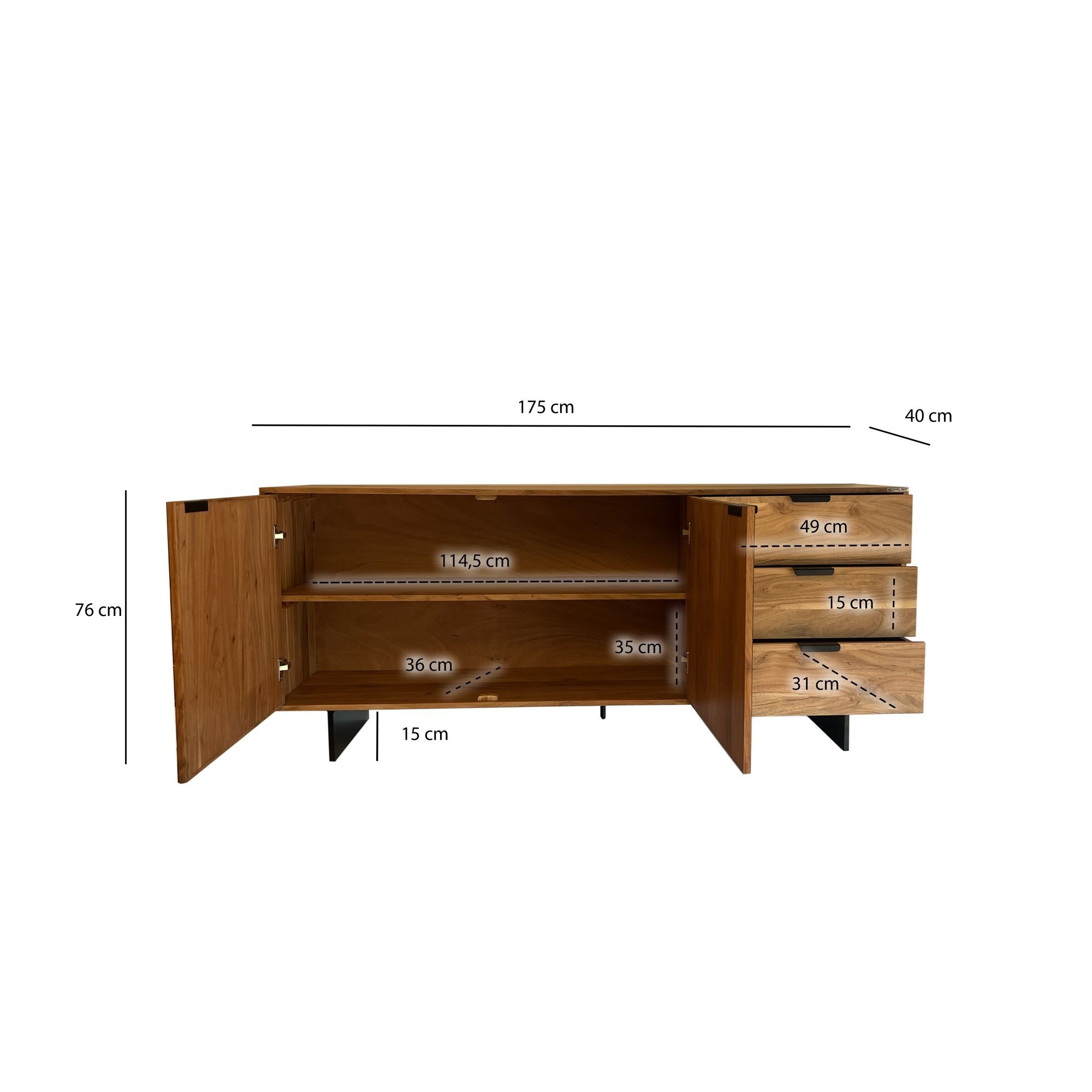 FINEBUY Sideboard FB109846 175 cm Massivholz Steinoptik Kommode Anrichte Türen (175 cm Massivholz Braun, Kommode Steinoptik), Anrichte Modern, Standschrank Türen & Schubladen