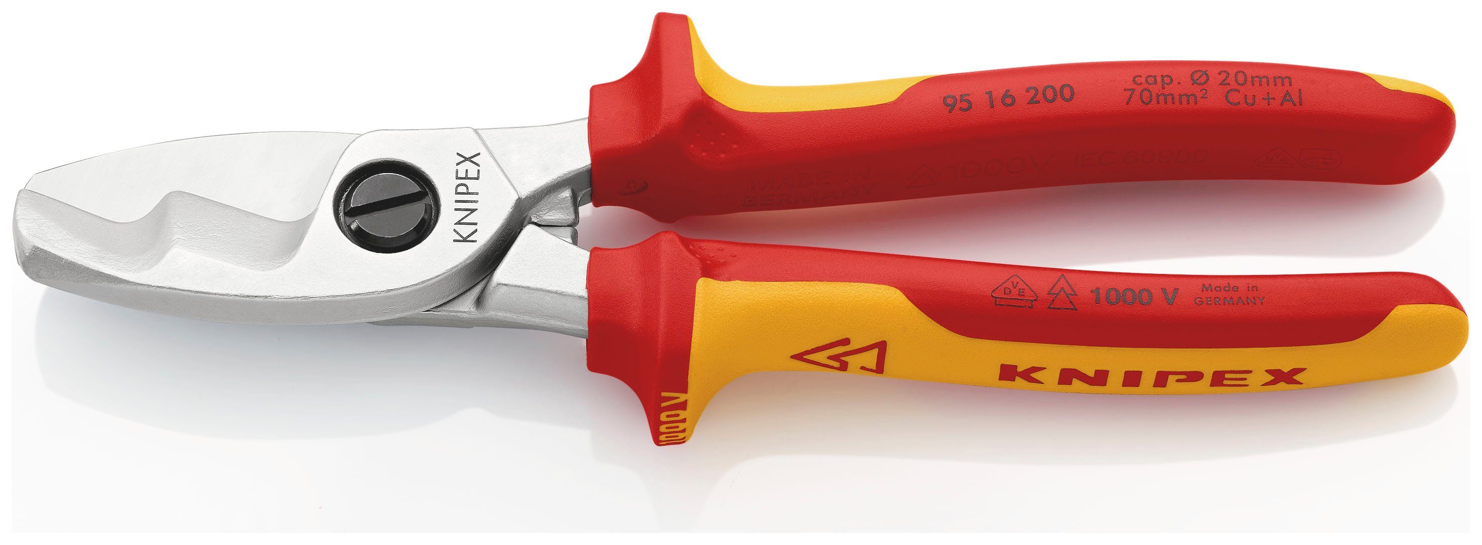 Kabelschere 95 mit Knipex verchromt Doppelschneide, 200 isoliert mit Mehrkomponenten-Hüllen, mm VDE-geprüft 200 16