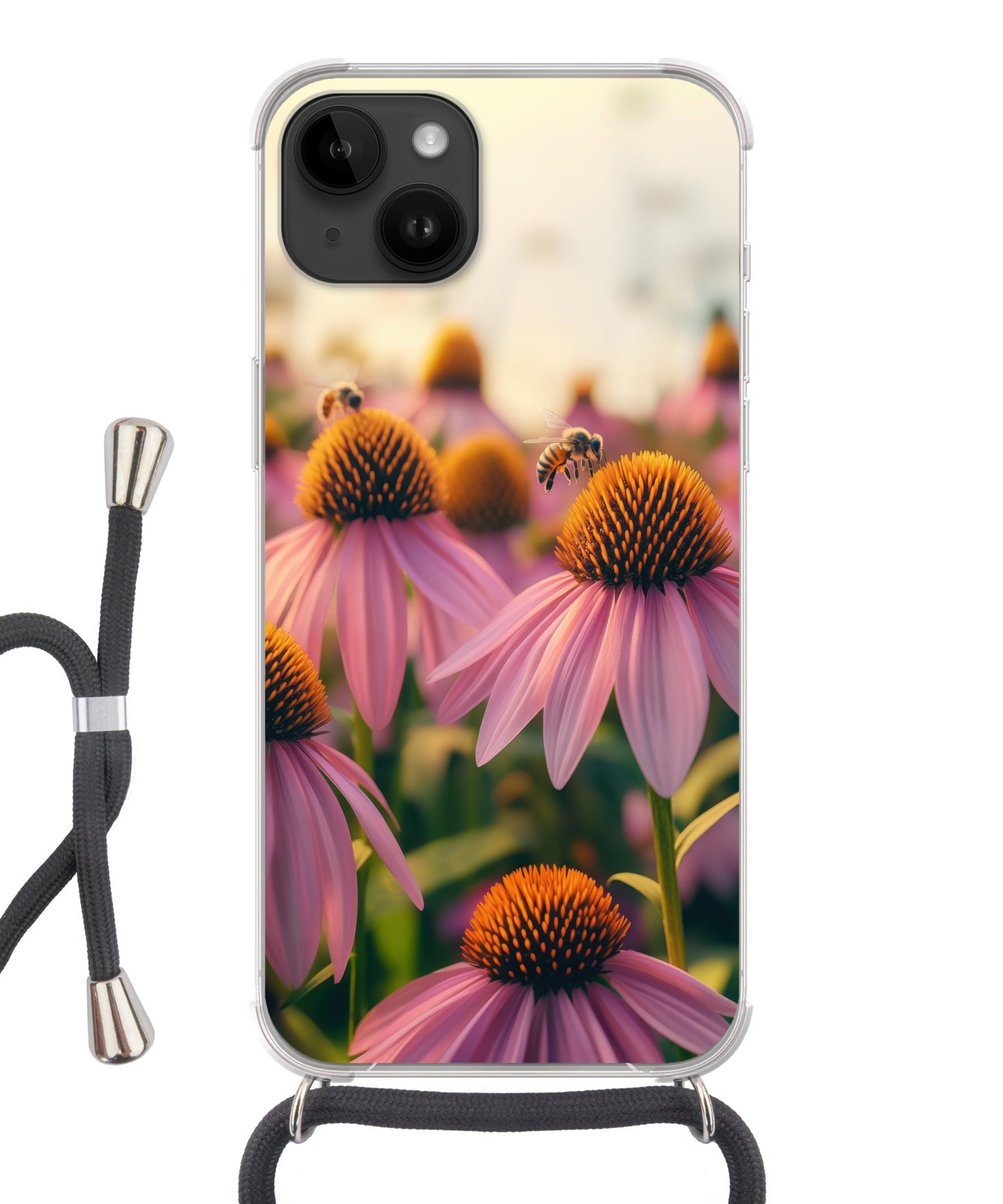 MuchoWow Handyhülle für Apple iPhone 14 Blumen - Lila - Bienen, Tragbare Handyhüllen mit Kette zum umhängen, Handykette Handyband