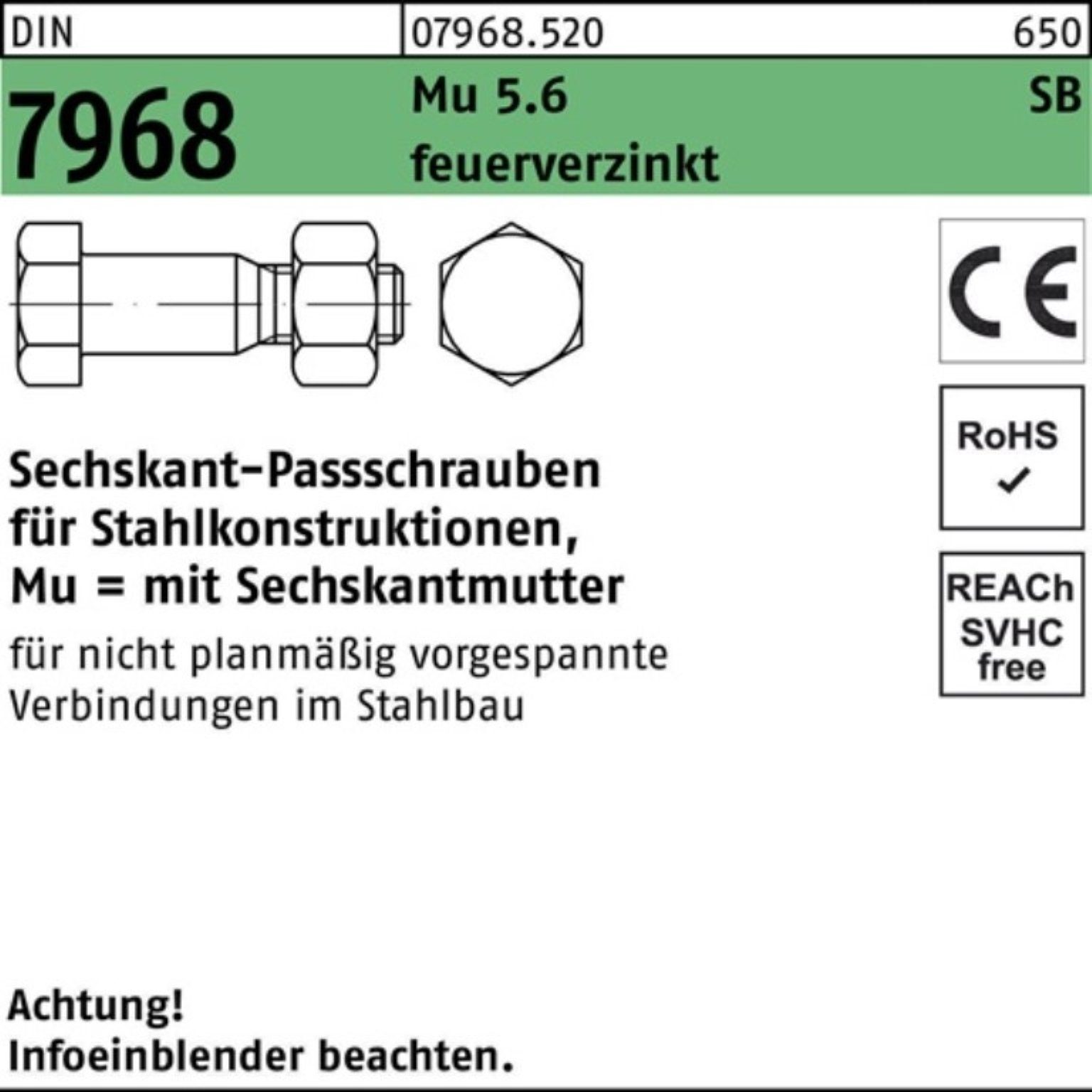 Reyher Schraube 100er Pack Sechskantpassschraube DIN 7968 CE Mutter M20x 70 5.6 feuerv