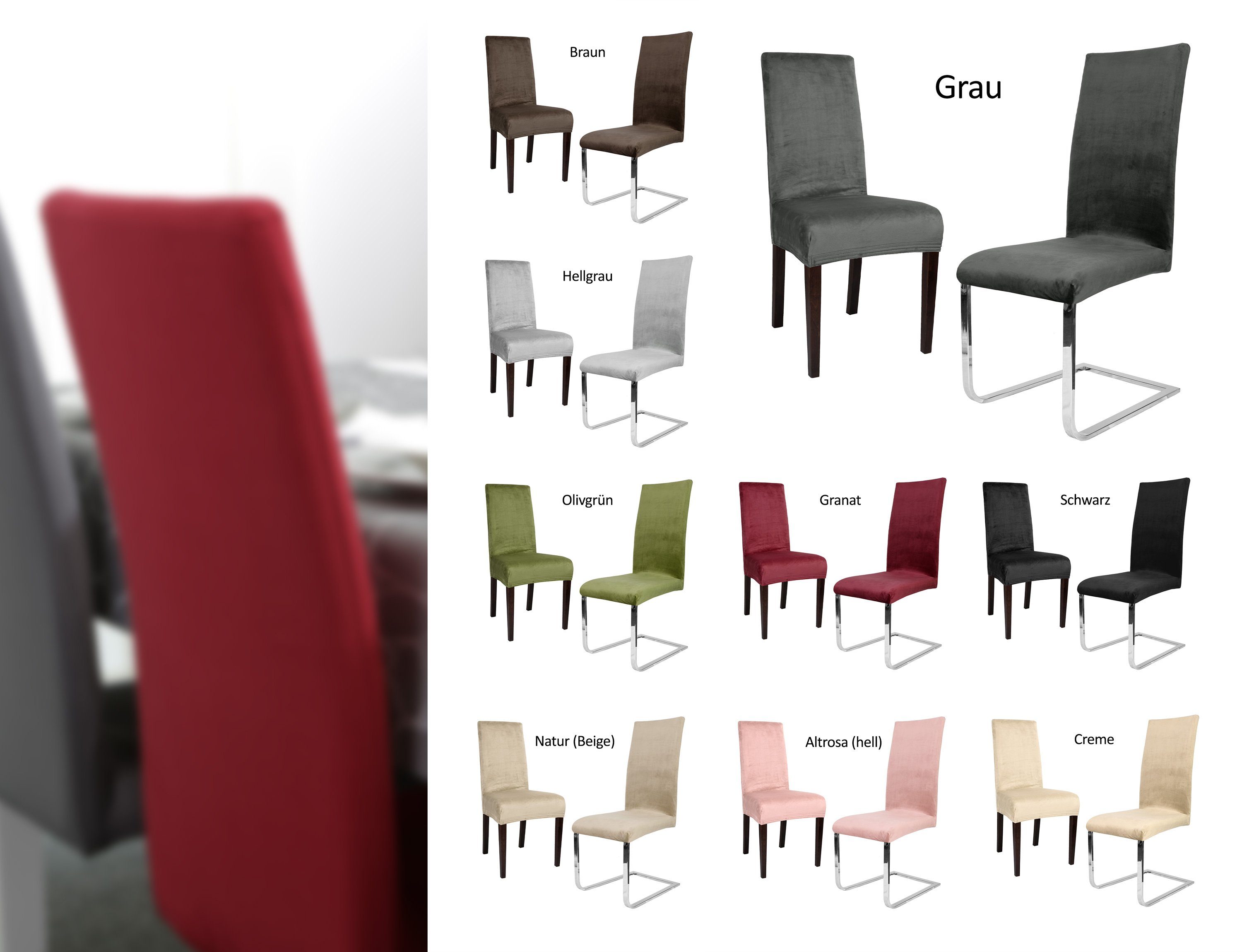 Beautex Stuhlhusse 6er Set LEA Stuhlhusse, elastische Uni Stretch-Husse Samt Mikrofaser