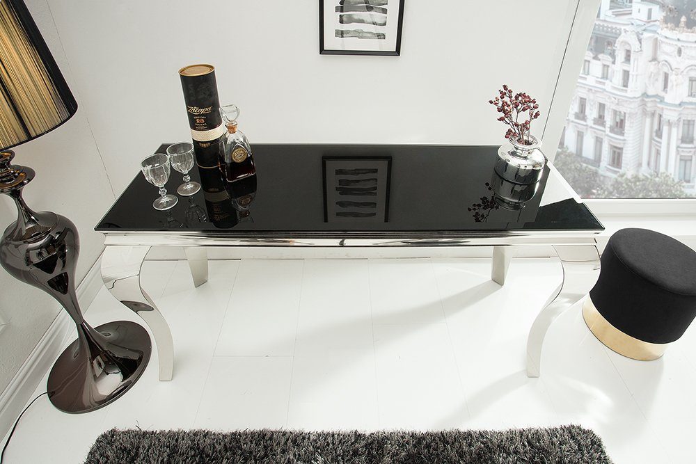 MODERN aus Opalglas schwarz, Tischplatte riess-ambiente 145cm · BAROCK Konsolentisch Edelstahl-Beine