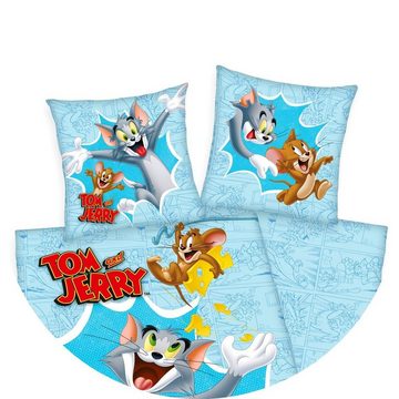 Kinderbettwäsche Tom und Jerry 135x200cm Katz Maus, Herding, Renforcé, 2 teilig, TOM AND JERRY, Happy, Käse, Blau, Baumwolle