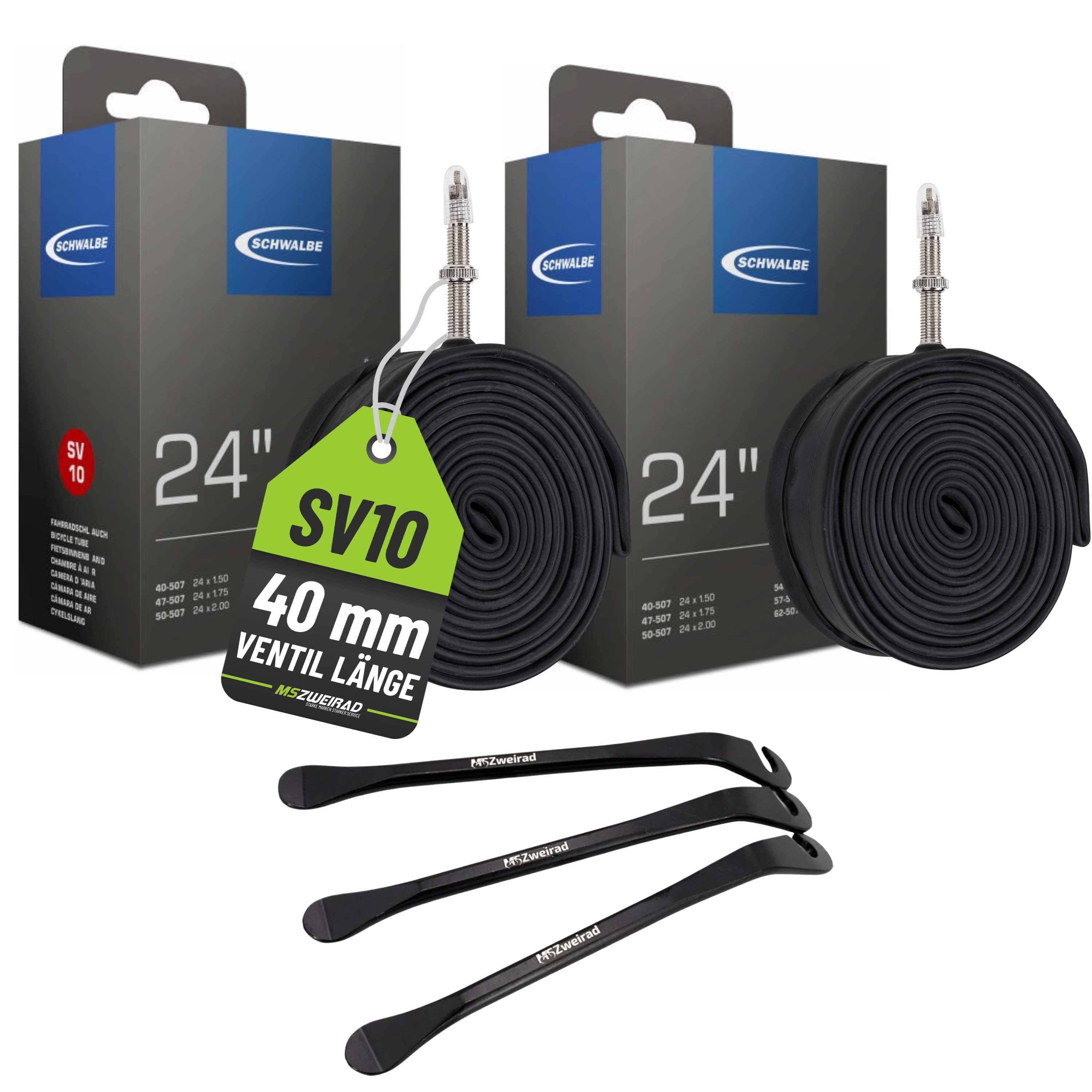 MSZweirad Fahrradschlauch 2x Schwalbe Fahrradschlauch 24 Zoll SV10 40 mm 40/62-507 + Reifenheber