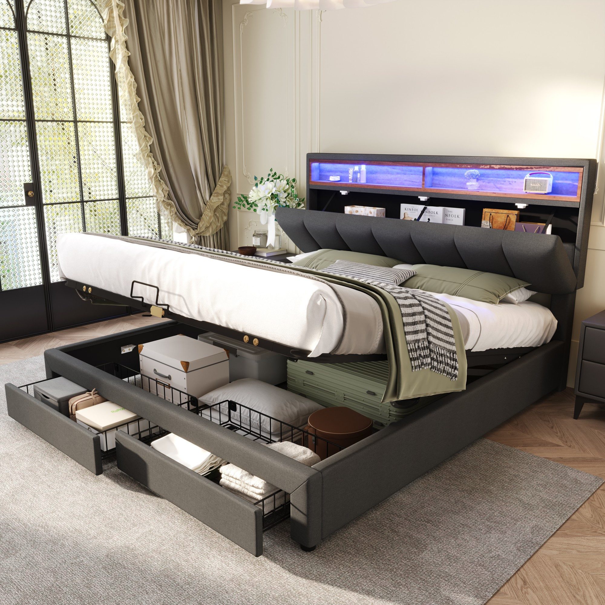 Flieks Polsterbett, LED Hydraulisches Doppelbett mit Schubladen 160x200cm L günstig online kaufen