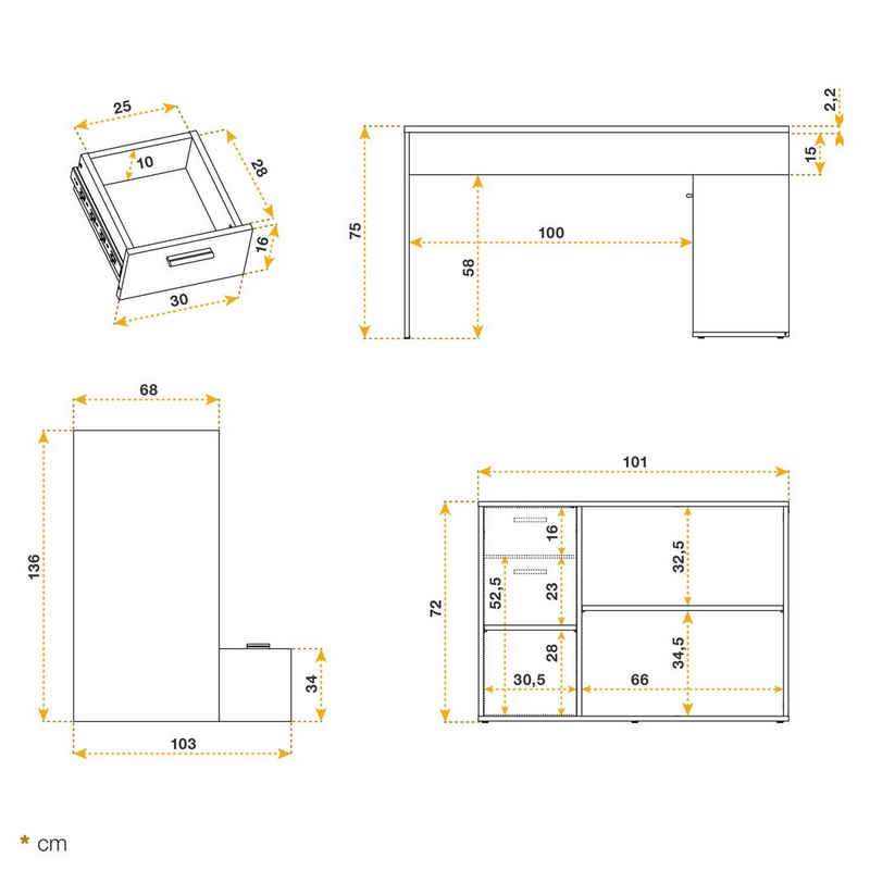 RICOO Eckschreibtisch WM083-WM, Schreibtisch Bürotisch Ecke für Kinder & Erwachsene klein in L Form