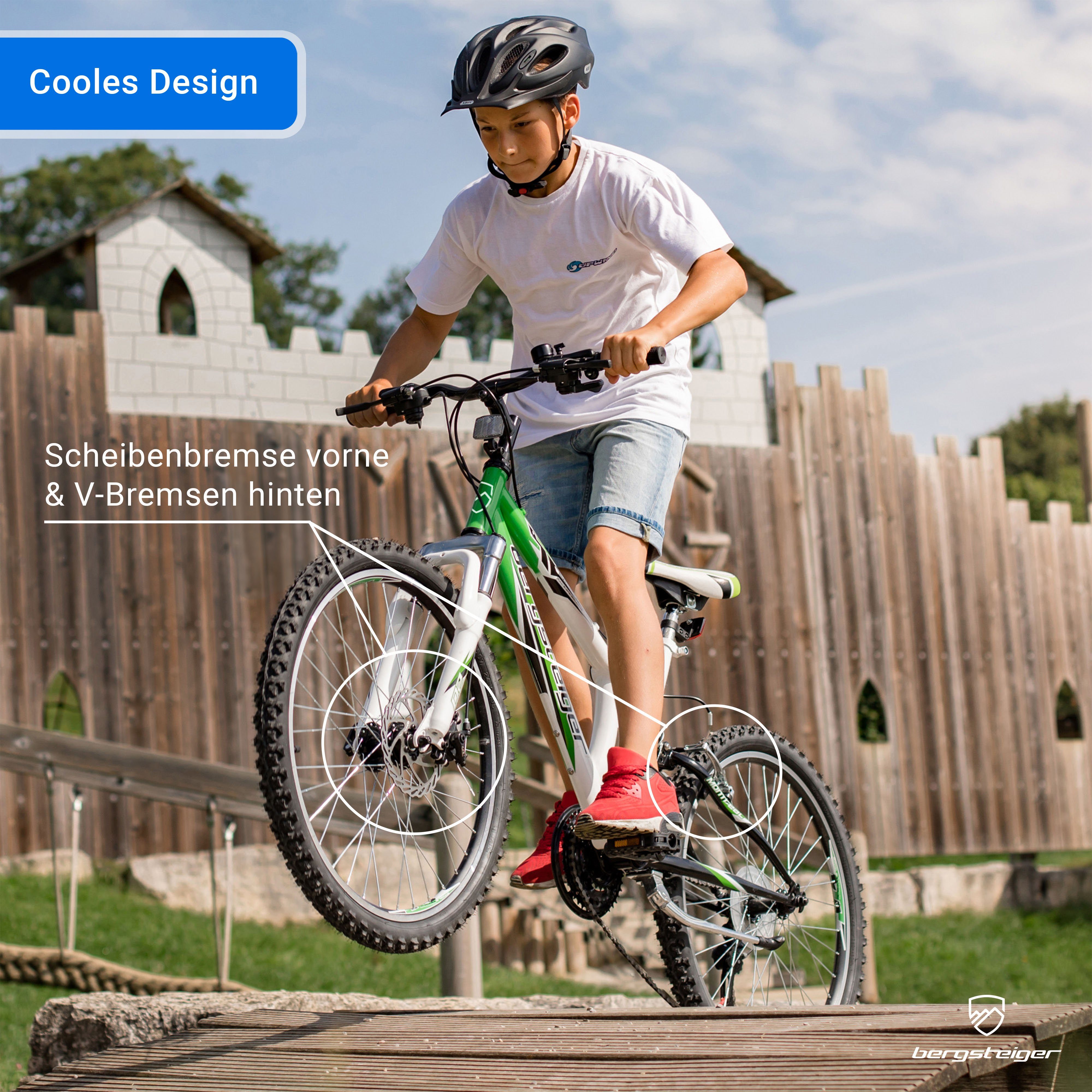 bergsteiger Mountainbike Montreal 20, 24 Zoll Kinderfahrrad, 6 - 13 Jahre, Mädchen, Jungen, 18 Gang Shimano Tourney RD-TZ50 Schaltwerk, Kettenschaltung, Scheibe – Bild 4 von 5