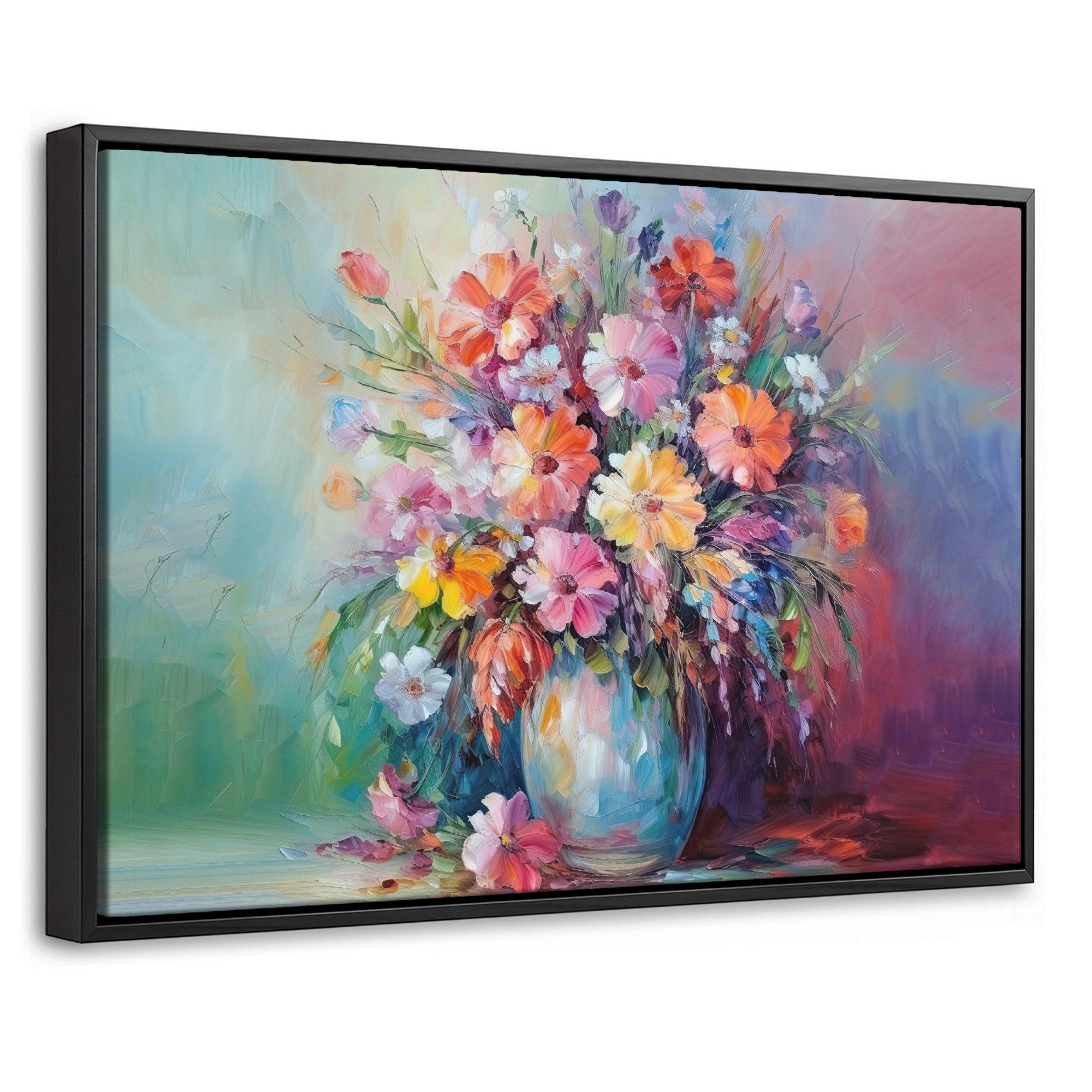 OneMillionCanvasses® Leinwandbild mit Rahmen - Blumen - Kunst - Malerei - Frühling - Blumenstrauß, Fotodruck (1 St), Bilder, Zimmer Wand Bild Dekoration 30x20cm